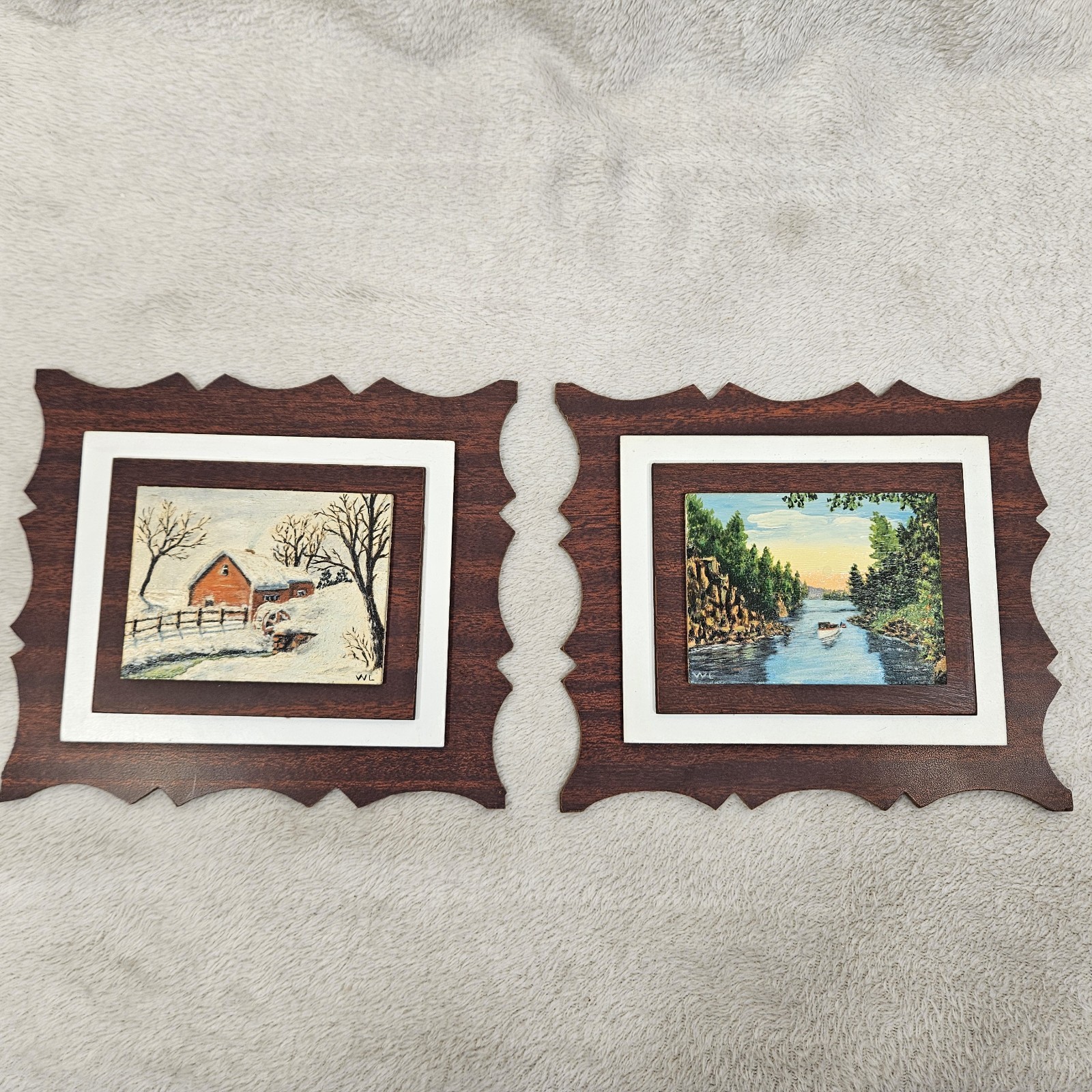 Hand Painted Wood Framed Wall Art Set 2 Winter Barn Boat River Trees 8X7 Signed