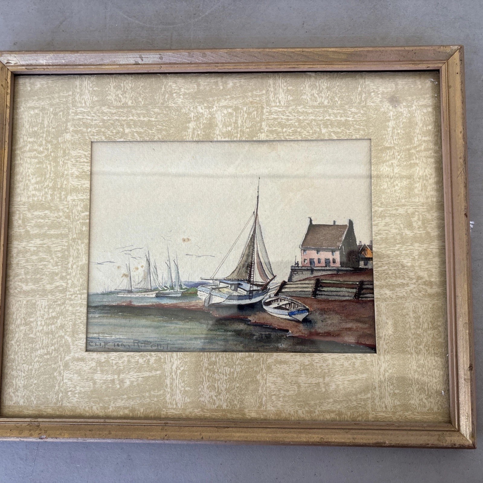 vintage Frame Watercolor Boats And Boathouse 10 1/2 X 8 1/2 ab2