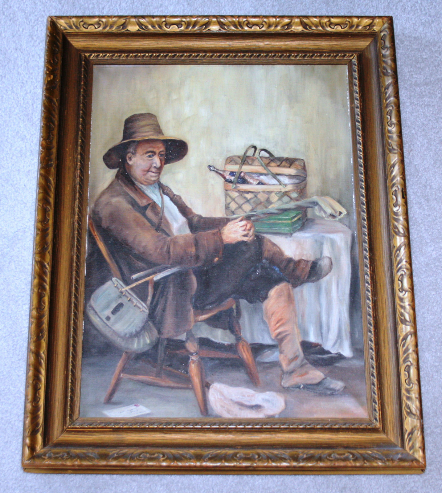 Waiting for the Fishing Party after LC Earle Vtg Antique Oil Painting Tobacco