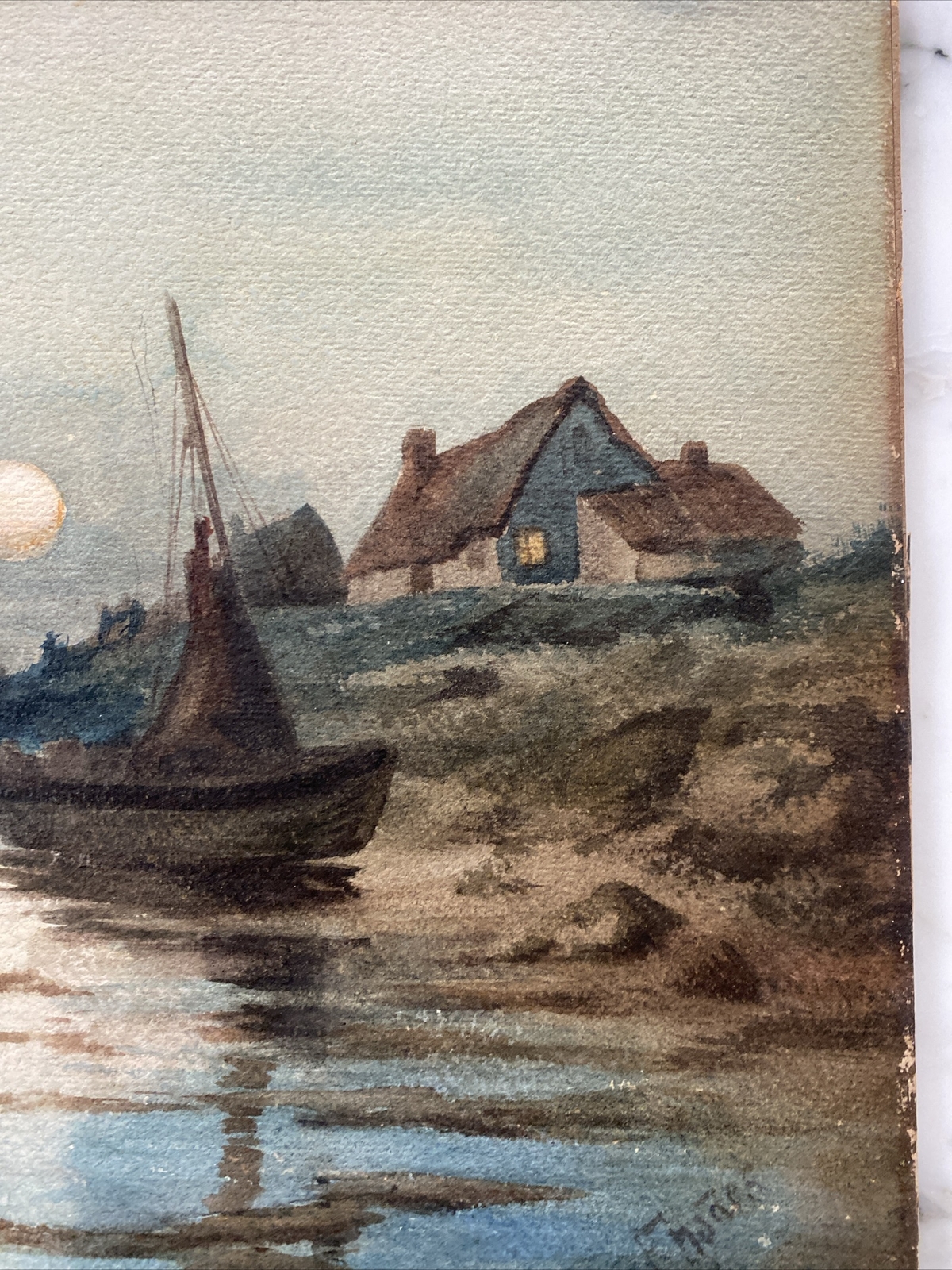 Handsome circa 1880 signed Dutch Moonscape Watercolor painting, Luminist Canal