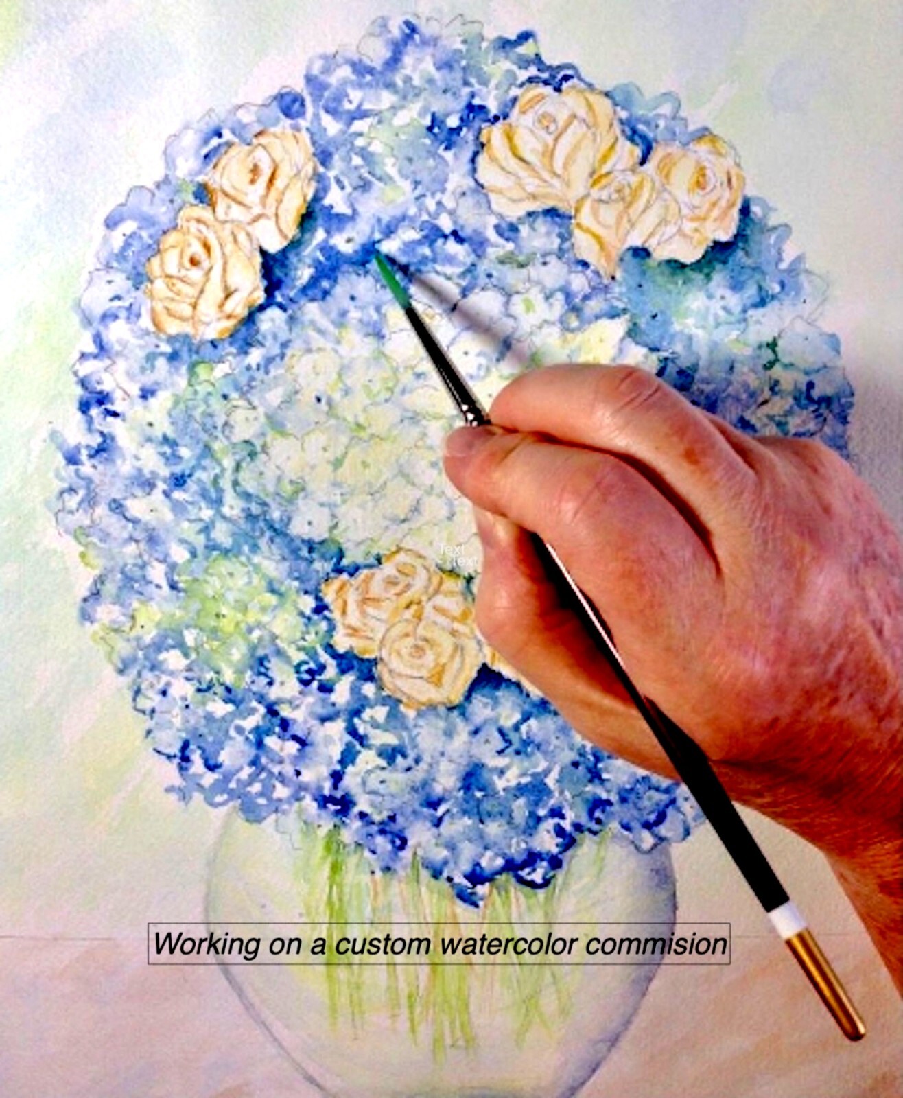 Brilliantly Colored Hydrangea In A Lush Garden, Unique Watercolor, 15×11″
