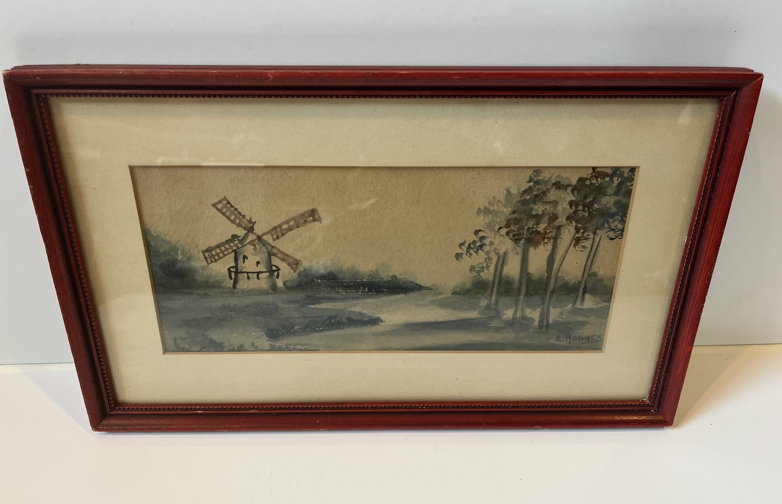 Antique Original E. Hughes Framed Watercolor Windmill 13” x 8”