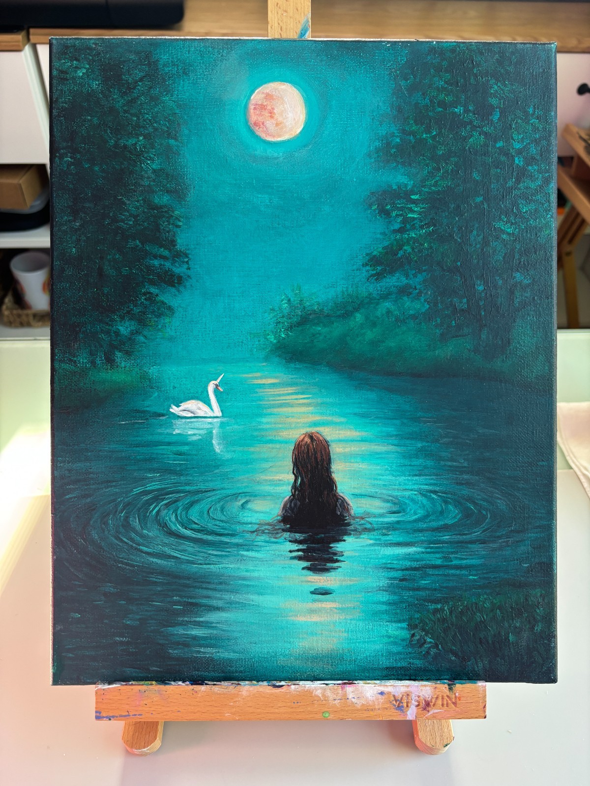 Original Painting, Abstract Unicorn Swan Lake, Fantasy Art by Nikki Paintz 11×14