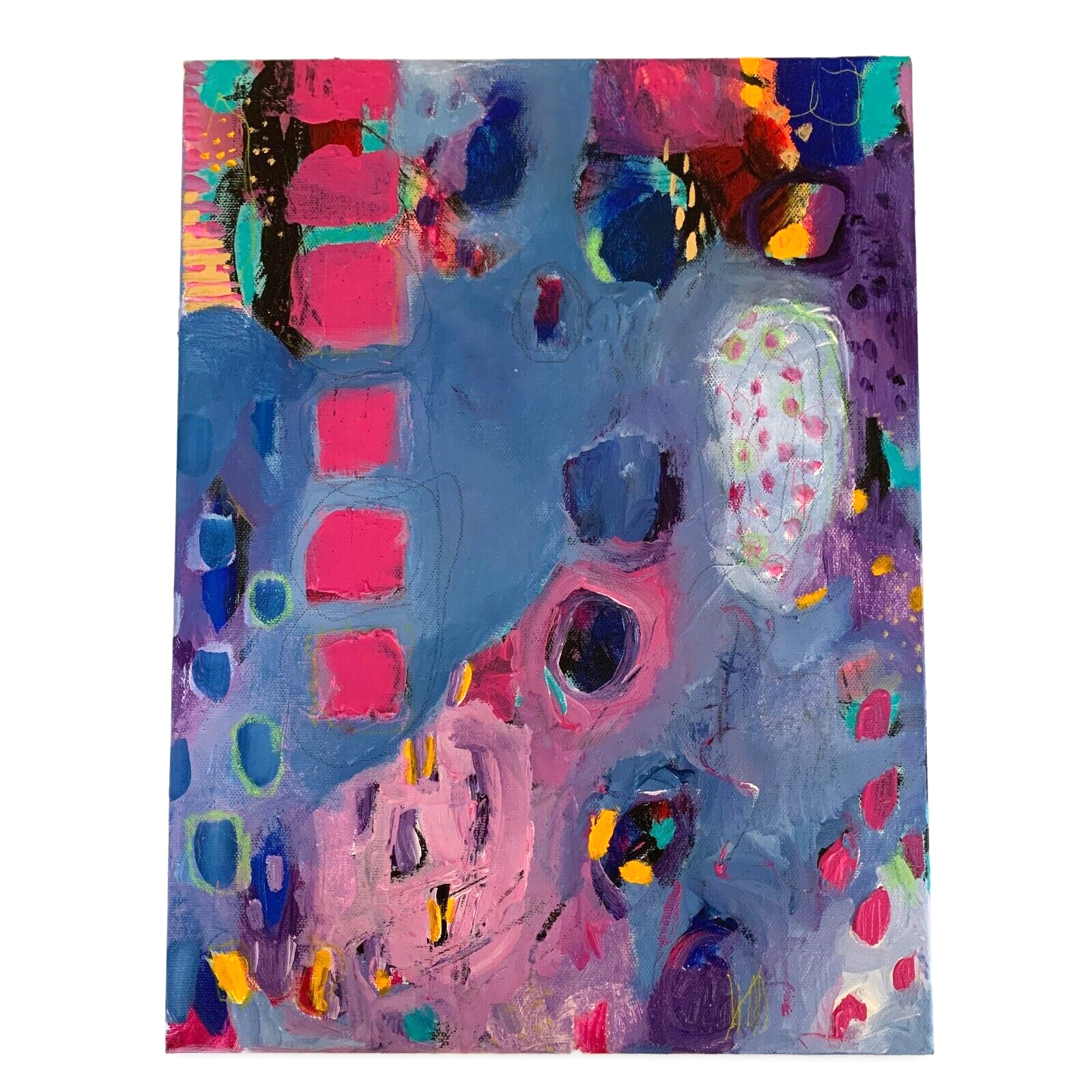 Original Art Abstract Painting BRIGHT & COLORFUL Canvas Signed #70 Blue Pink