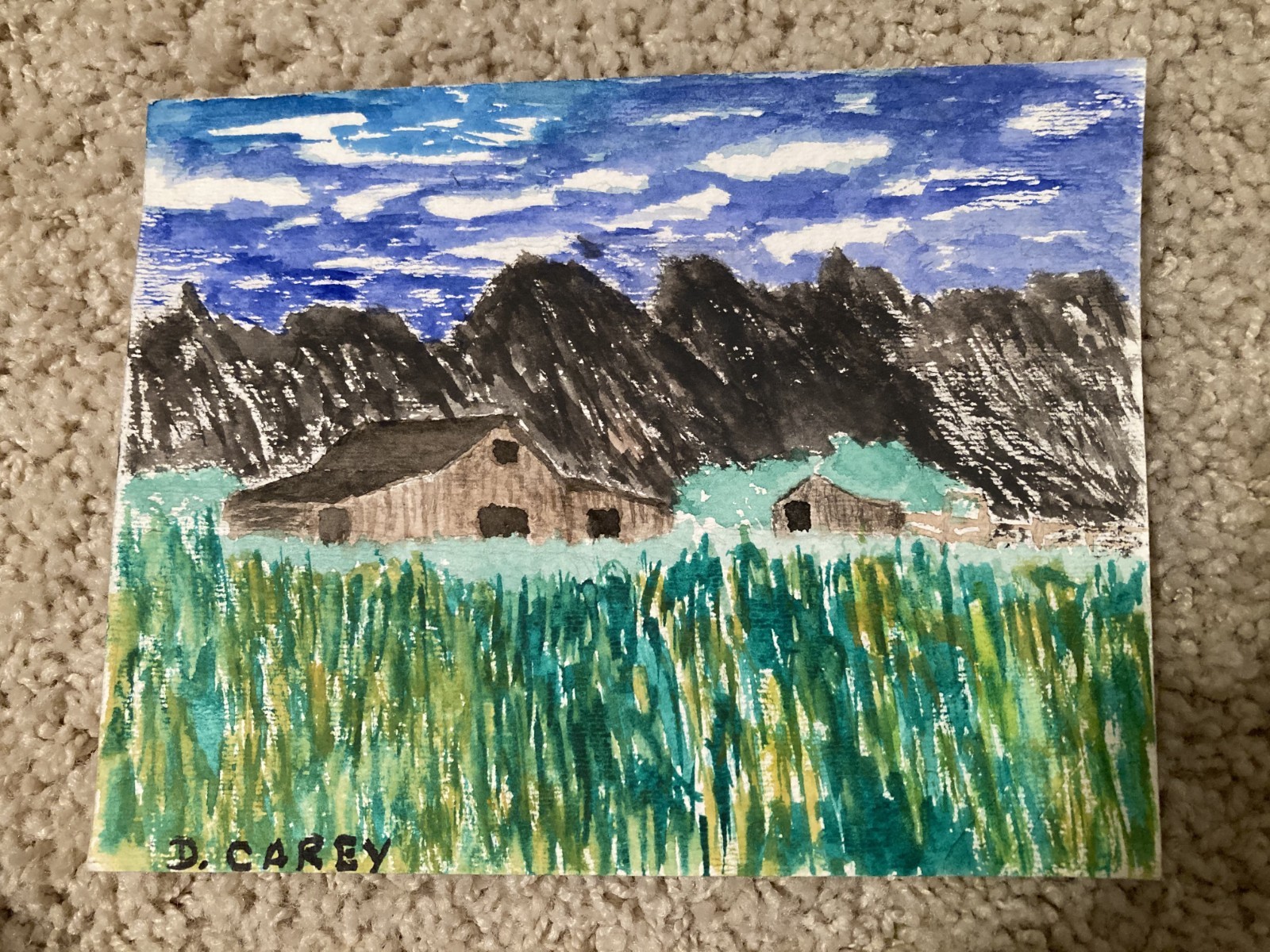Original Watercolor Painting Signed D (David) Carey Field Barn Mountains