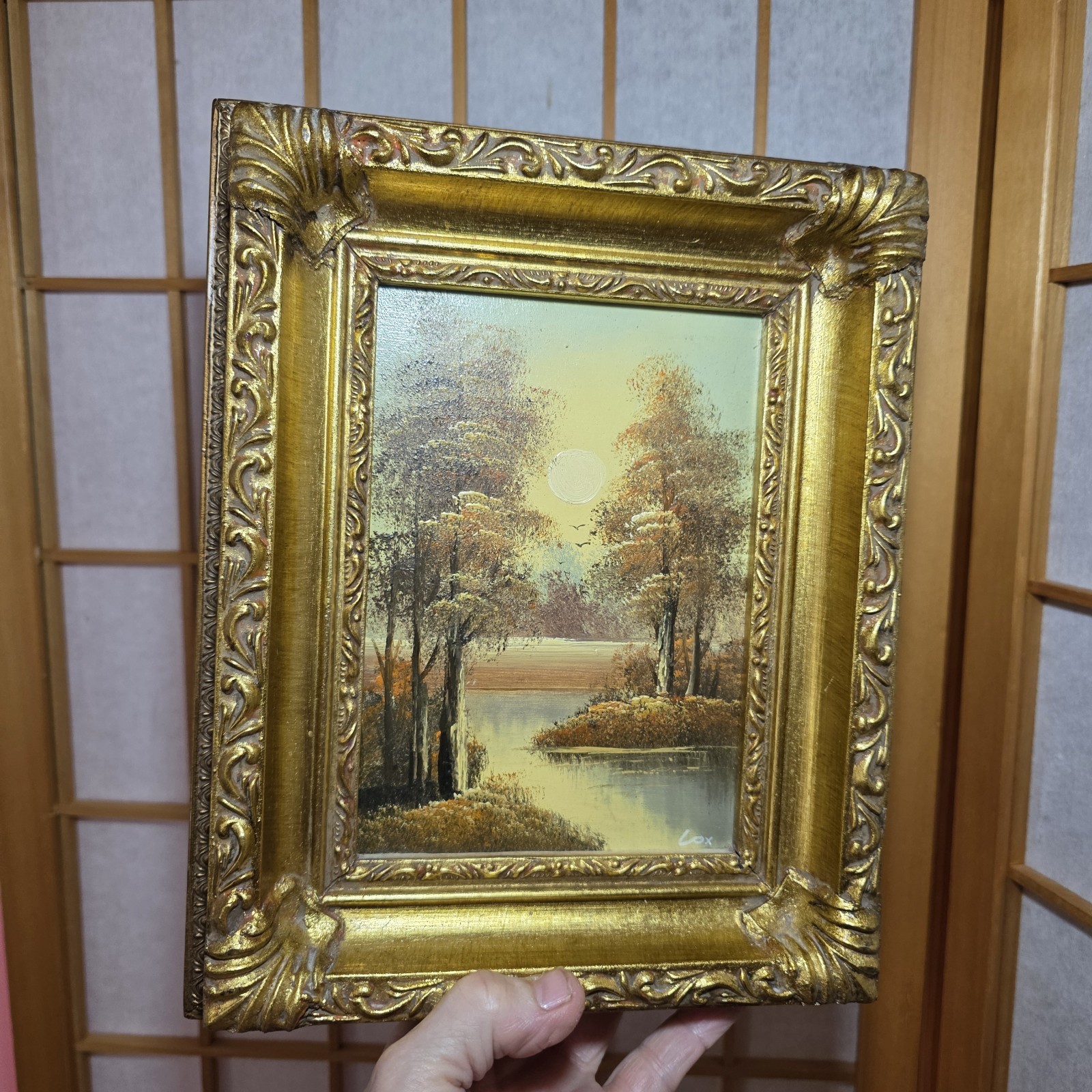 Pair Vtg Small Miniature Signed Art Oil Paintings on Board Framed Gold Ornate