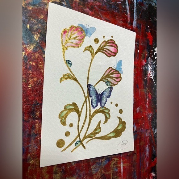 Butterflies Original painting Art Floral Gold accents Artwork Signed Artettina