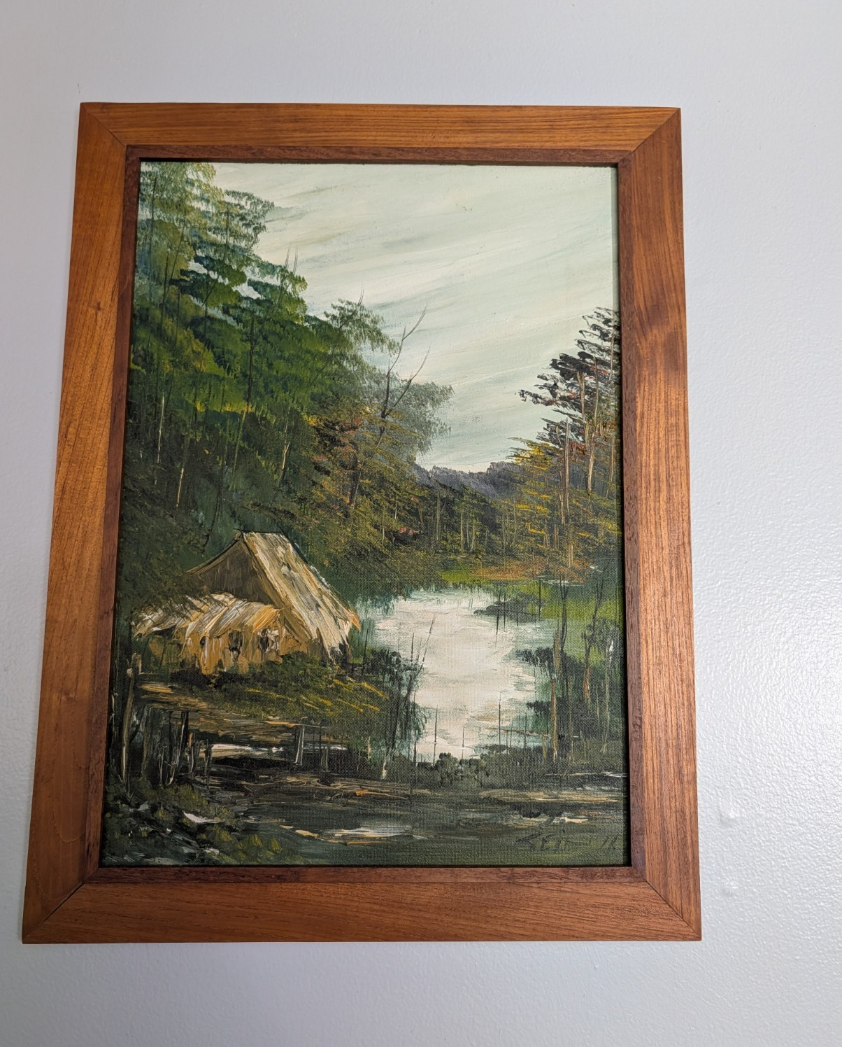 Signed Framed Realism Canvas Painting 1976 Cabin River Forest Landscape