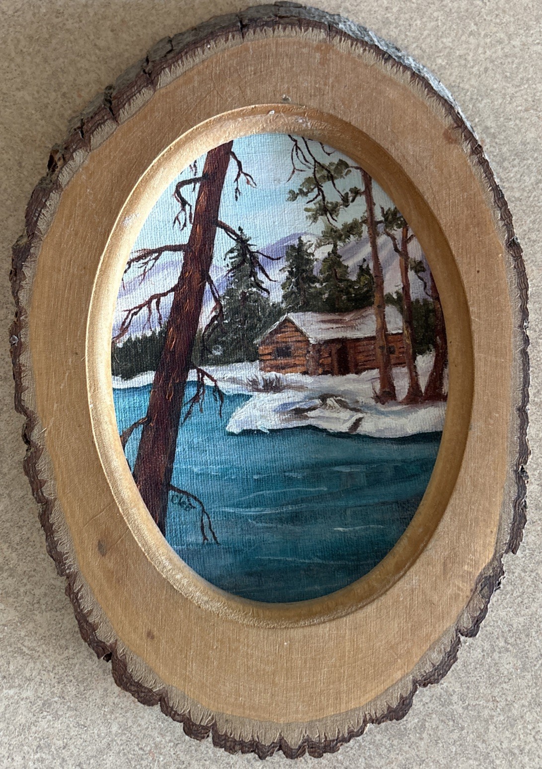 Original Oil Painting On Oval Live Edge Log Cabin Art Winter Snow Scene – Signed