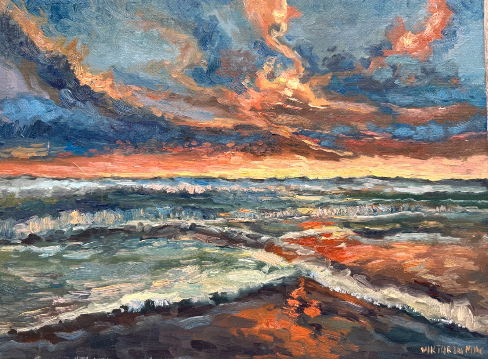 Storm Sea Original Oil Painting Sunset Canvas Impressionism Modern Art 15×12