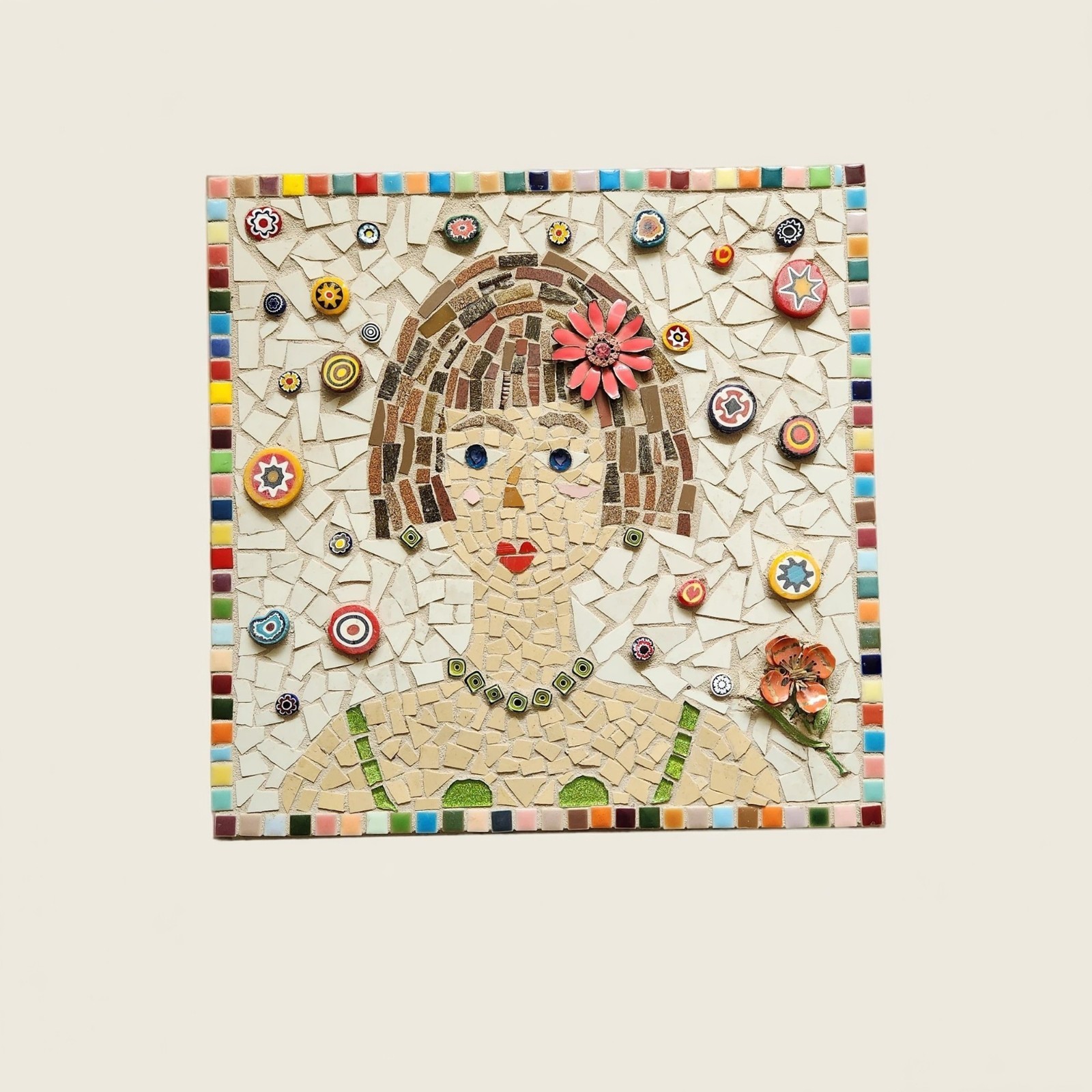 13×13″ Handmade Mosaic Portrait Wall Art, Colorful Folk Art Woman Tile Panel