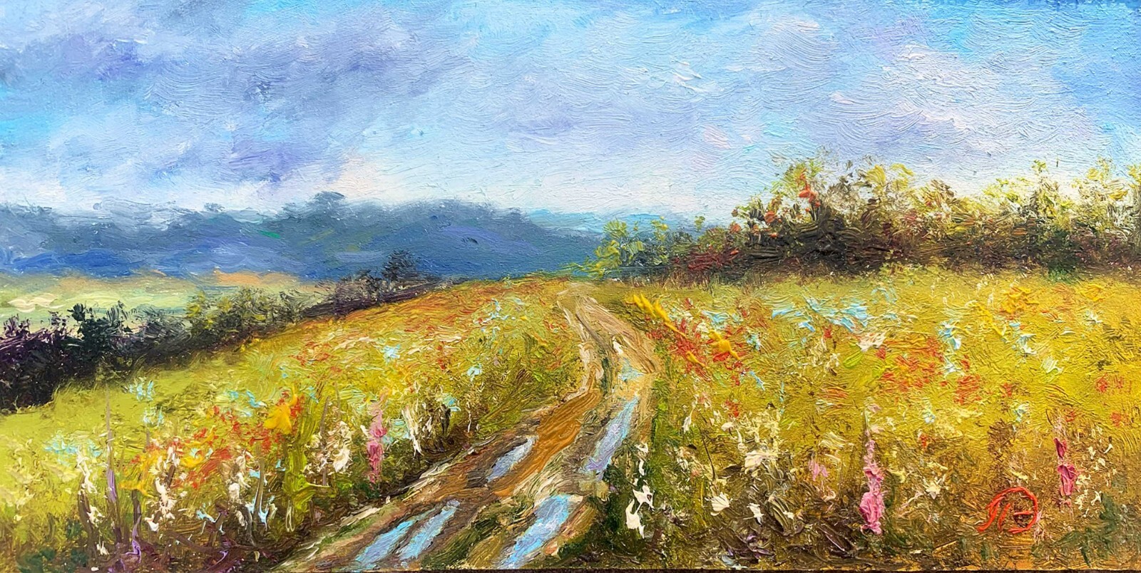 Rustic landscape Original Oil painting Field with trees Country Road 4×8 nature