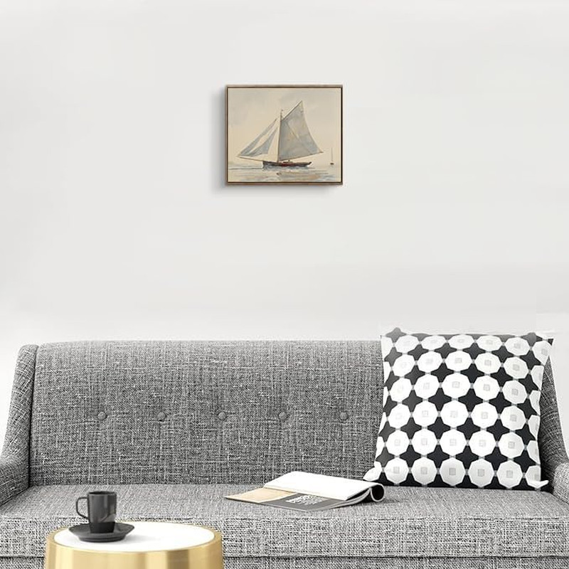 Ocean Framed Wall Art,Coastal Sailboat Canvas Oil Painting,Blue Ship Portrait Ae