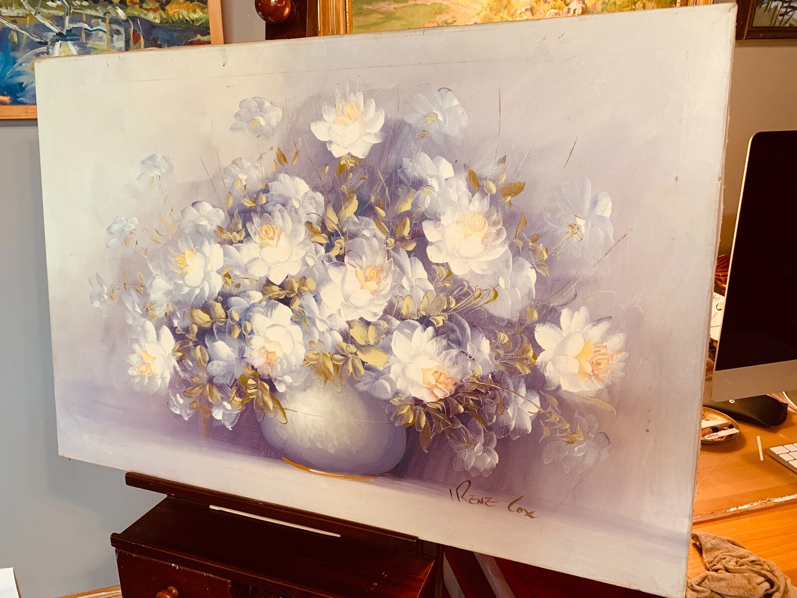 Vintage Pale Neutral Floral Oil Painting Signed IRENE COX 