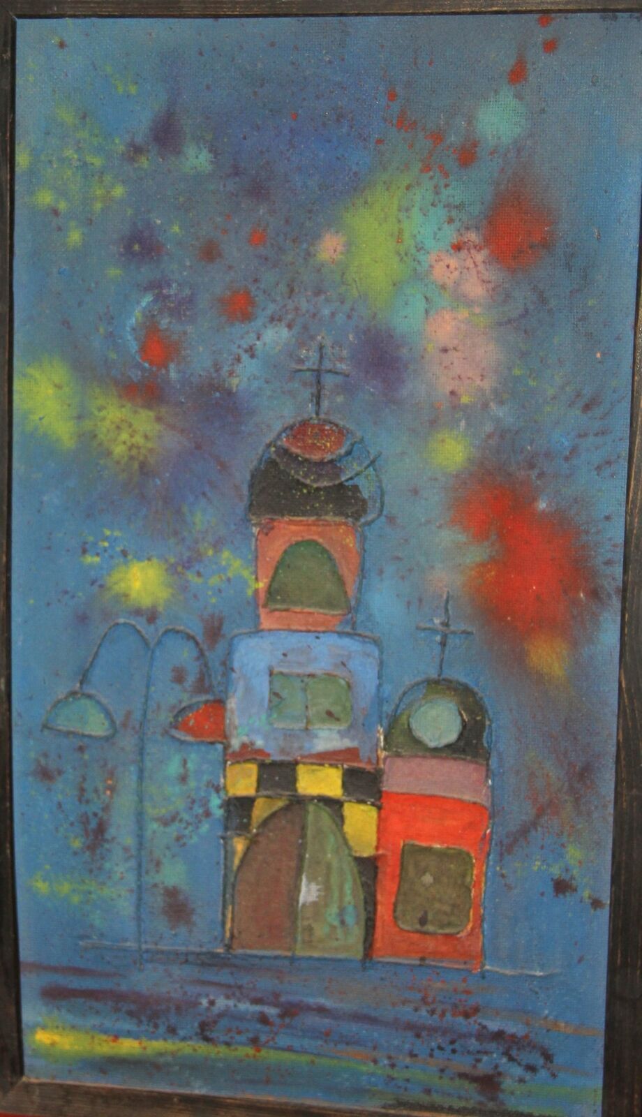 Vintage oil/collage surrealist painting church landscape