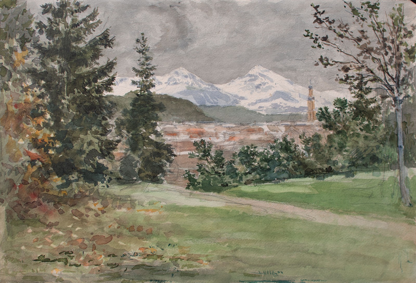 Unknown City View Off Bergen Landscape Watercolour Unsigned Circa 1890