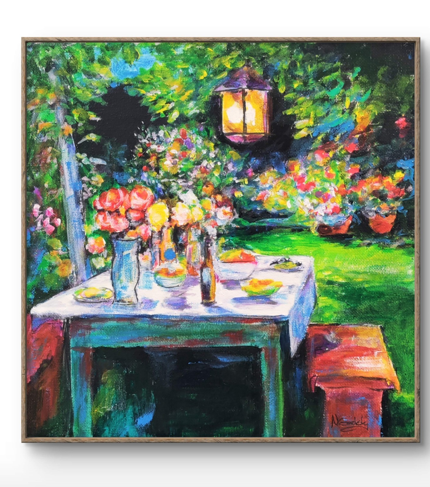 Original 10 X 10 Expressionist Garden Party Acrylic Canvas Wall Art Painting