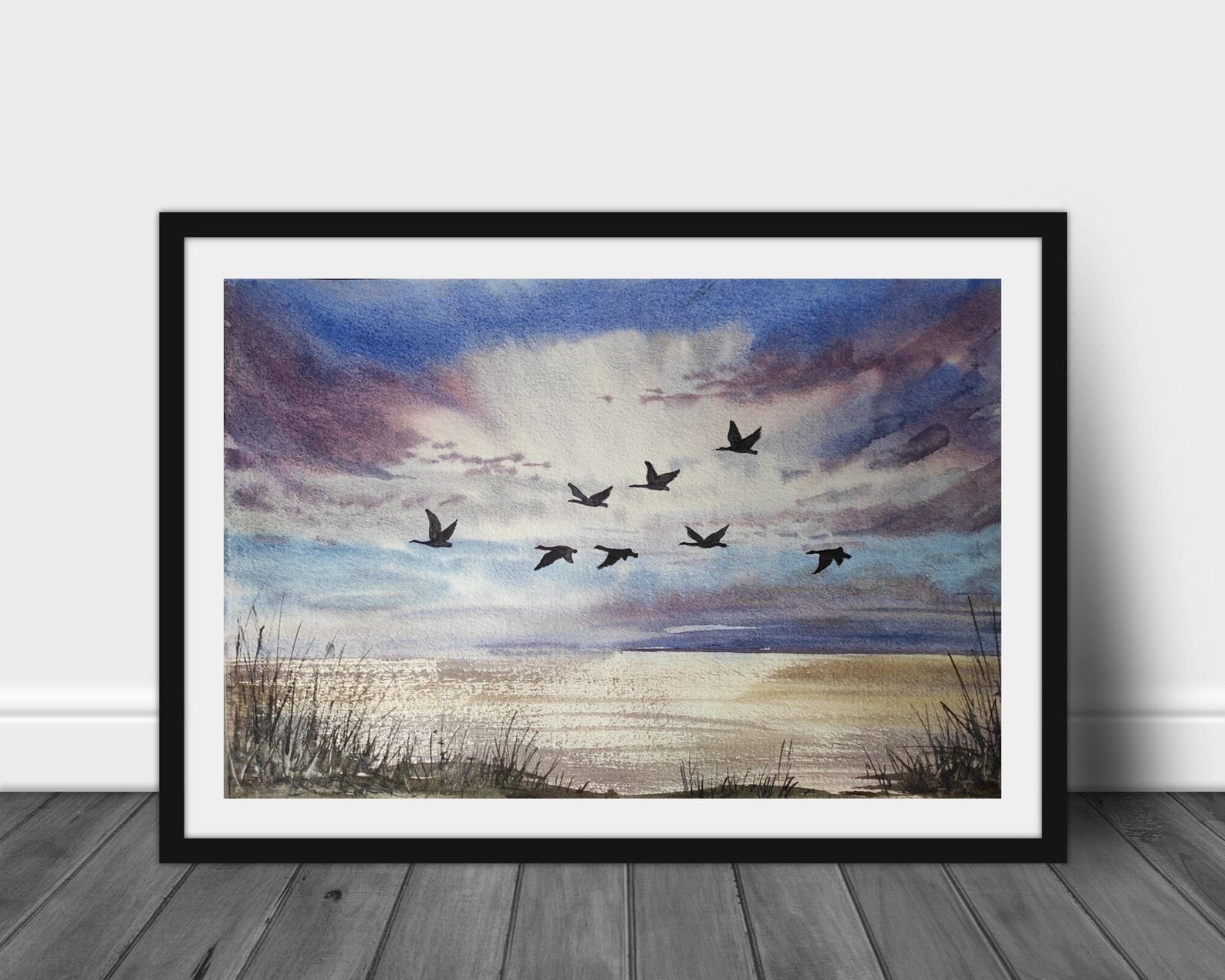DUCKS FLYING Original Modern Artwork Painting Landscape GEESE FLYING Art Gift A4