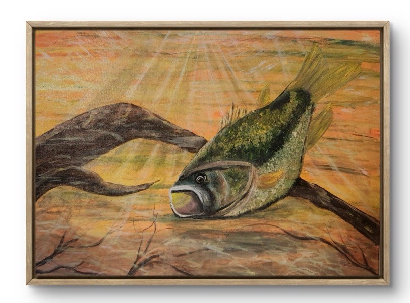 Original Art 18×24 Canvas Acrylic Fish Bright Abstract BASS Gold
