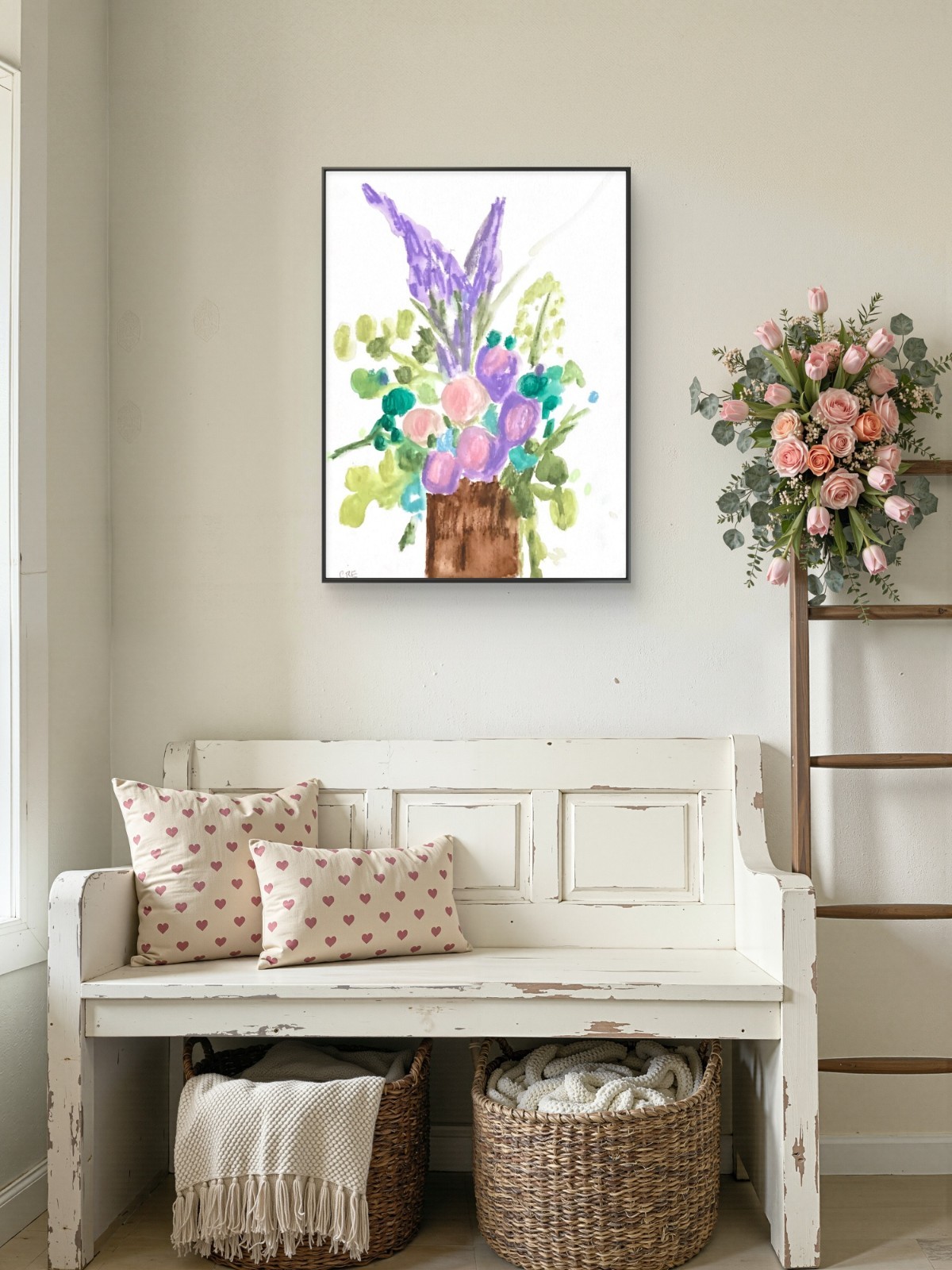 Original Flowers in a Vase Abstract Modern Bright Art 11x 14 Canvas Panel