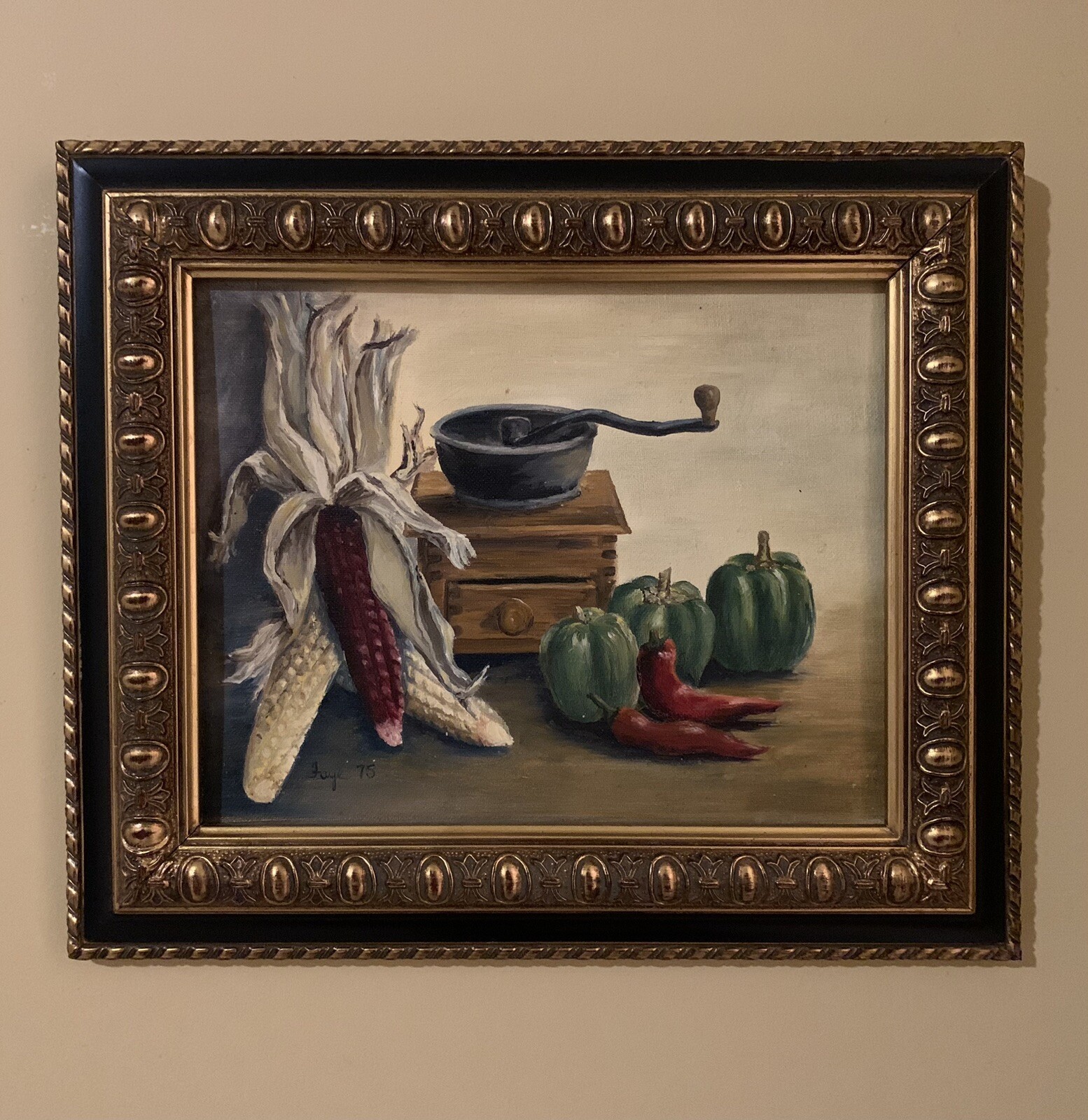 Vintage 1975 Oil Painting Still Life Peppers Corns More Signed 13.5”x11.5”