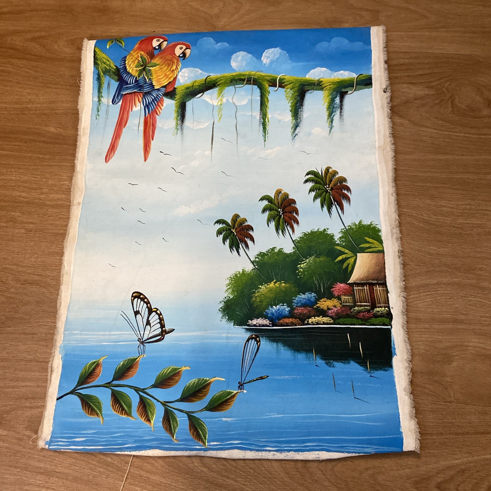 Tropical Island Beach PAINTING souvenir Parrots large 31″x 20.5″ colorful
