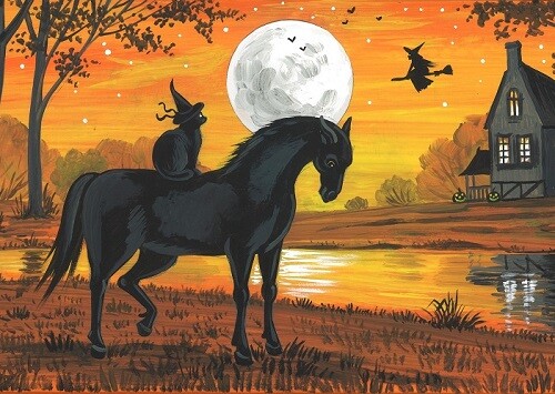 ACEO PRINT OF PAINTING RYTA HALLOWEEN HAUNTED HOUSE BLACK CAT WITCH Art Moon 🌝