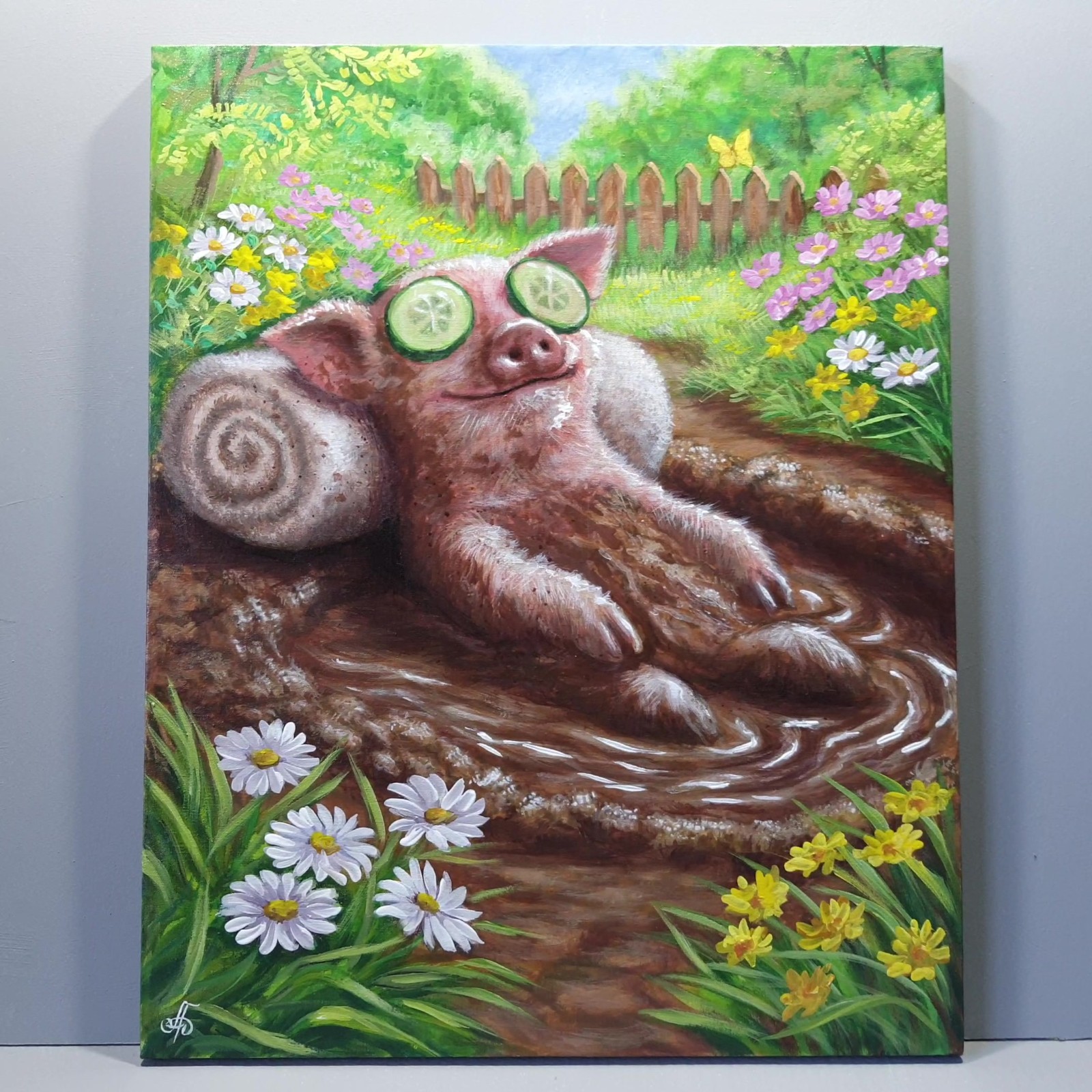Original Acrylic Funny Pig Painting Mud Spa Humor Farm Animal Art OOAK 16×20