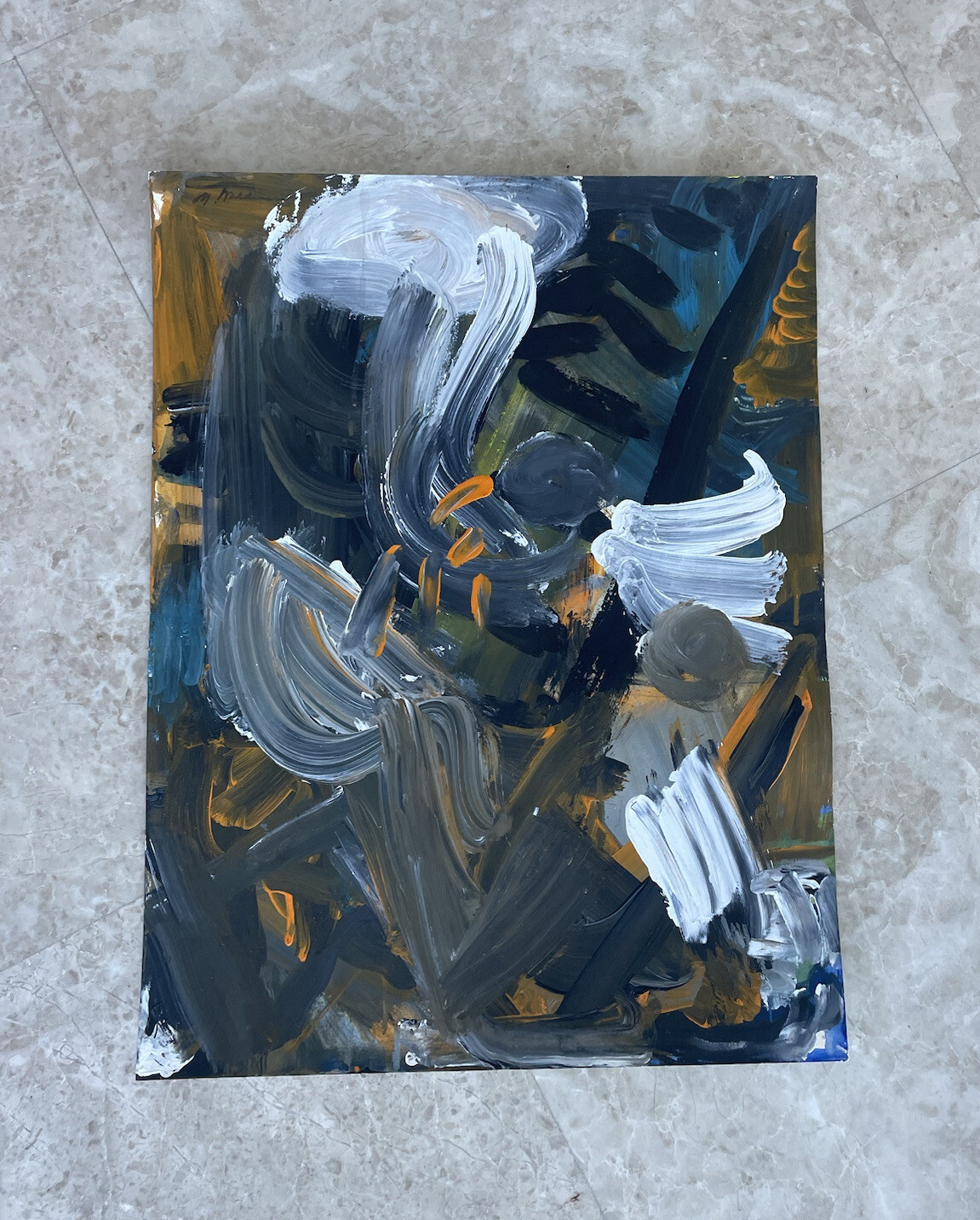 Mid century oil painting paper signed 1970/80 modern abstract 26+20 inches
