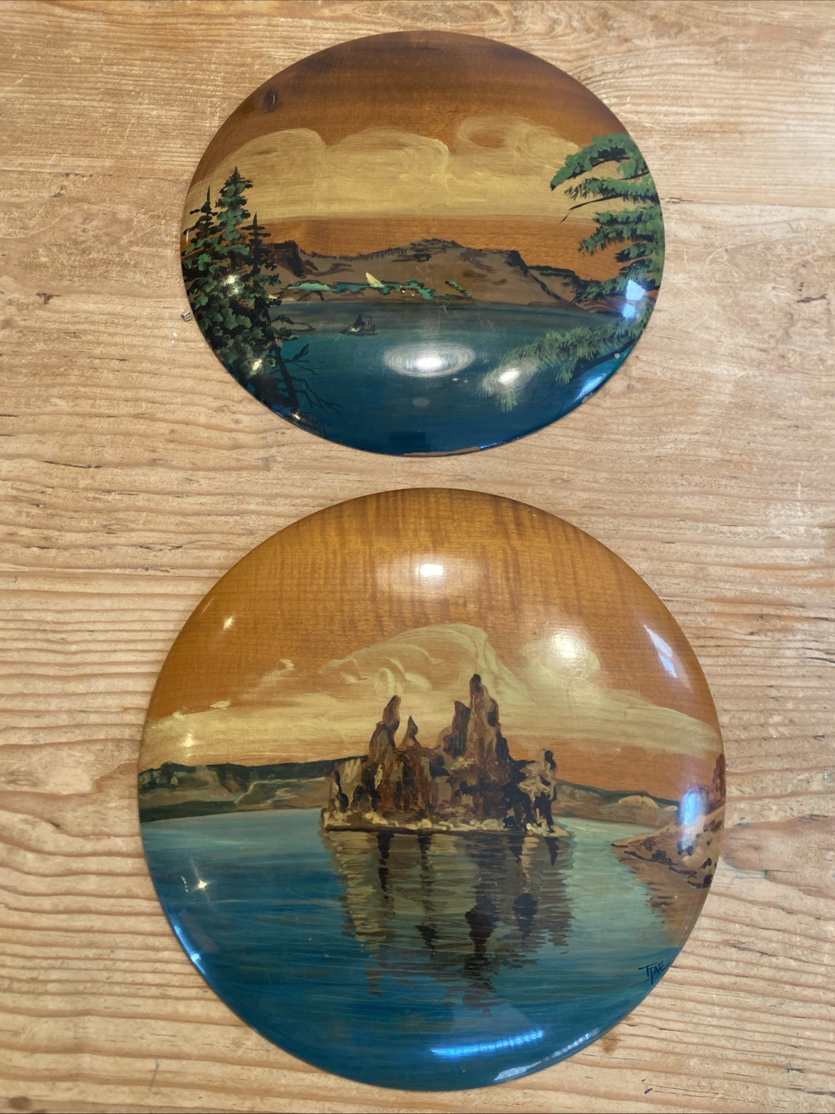 Vintage Myrtlewood Hand Painted Wooden Wall Decor Plaque Oregon LOT OF 2