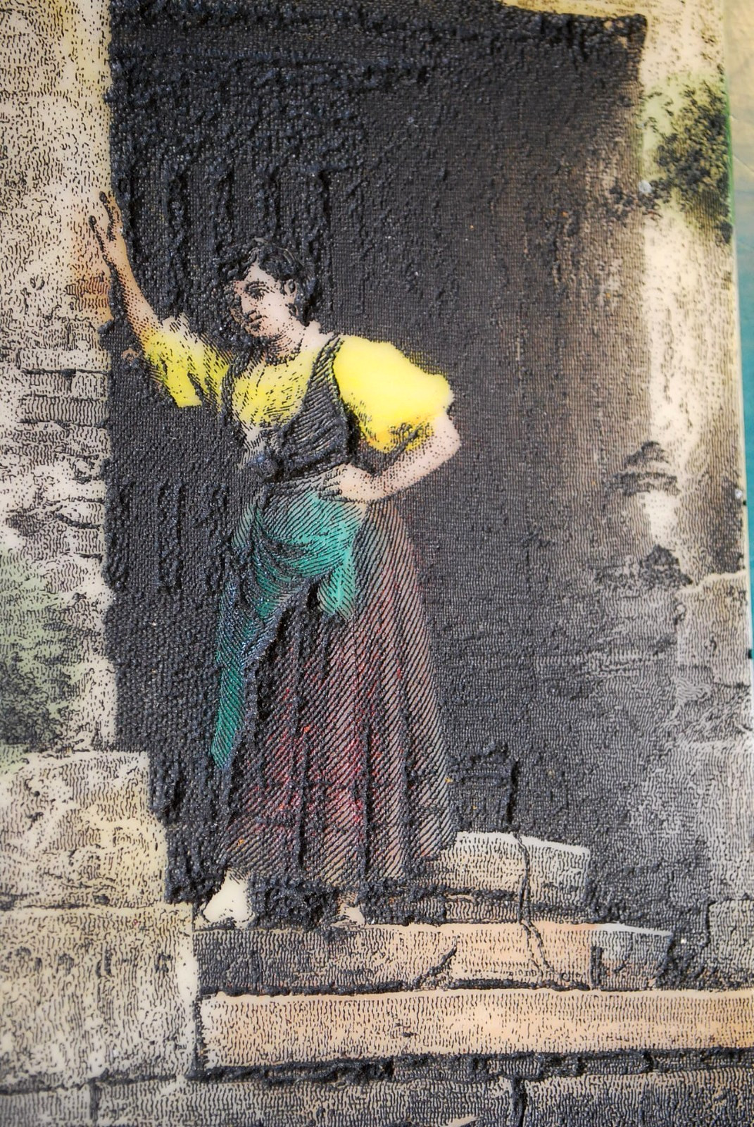 RARE Lithopane Hand Colored PAINTED ENGRAVING Luke Fildes VENETIAN FRUIT SELLER
