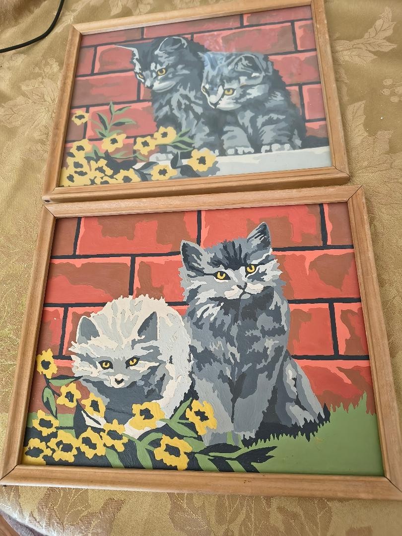 2 Vintage 1950s Era Paint By Number Two Grey Kittens 10.5×8.5″ Framed Art