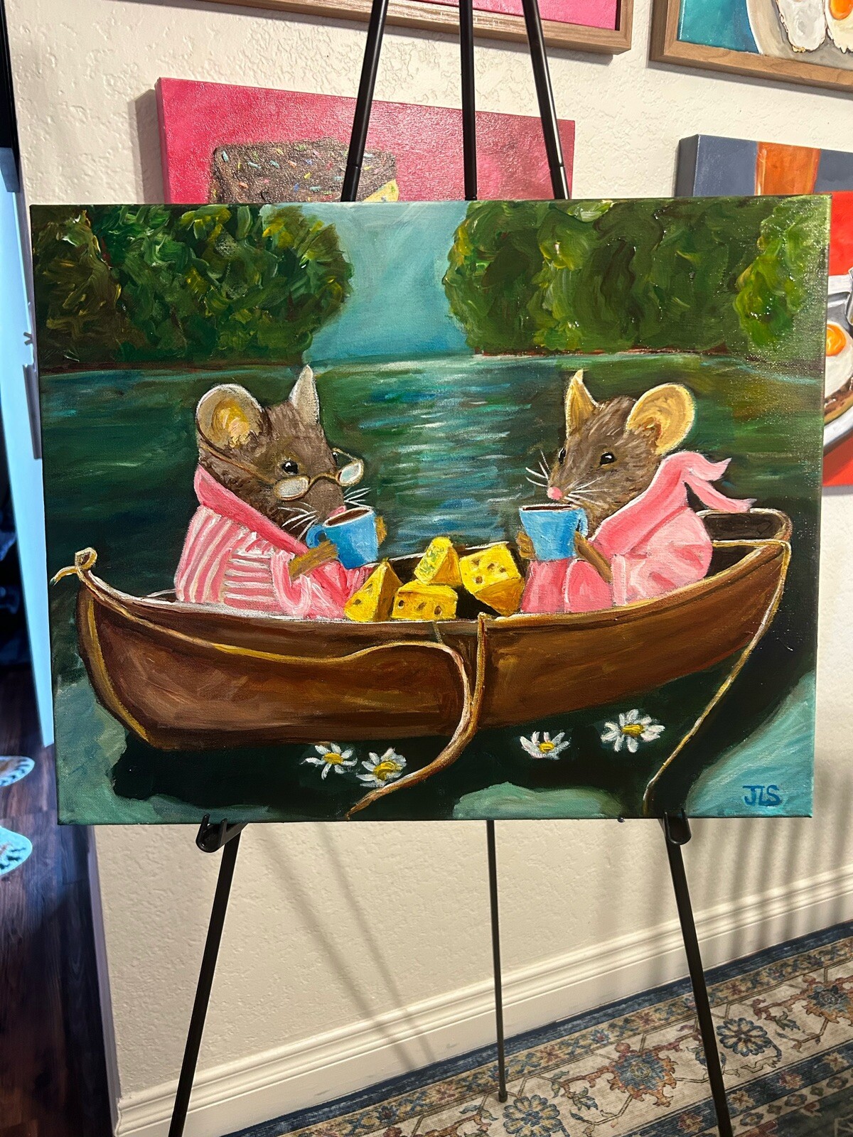 Mouse in Boat Painting Animal Nursery Wall Art Storybook Lake Scene Decor