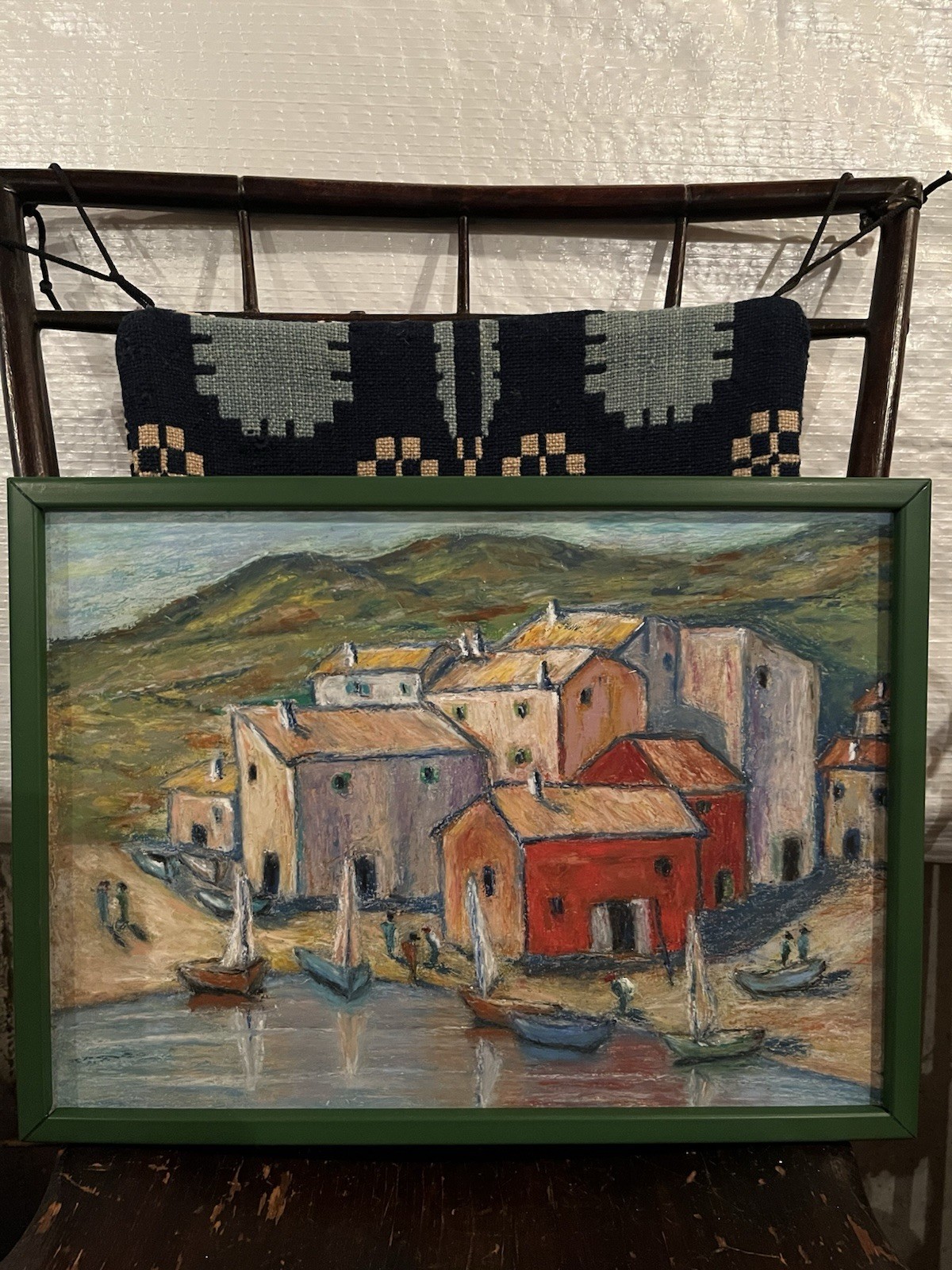 Vintage Original Chalk Drawing -Seaside Village-sailboats-Green Frame-16”x11 3/4