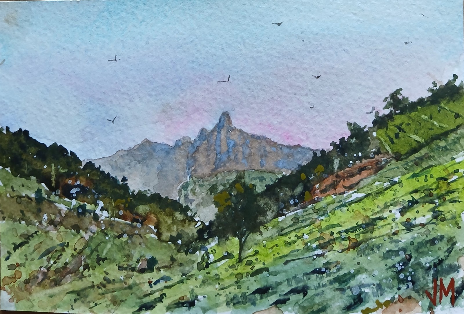Original Small Watercolor Painting 6″ x 4″ Mountain And Valley NOT A PRINT