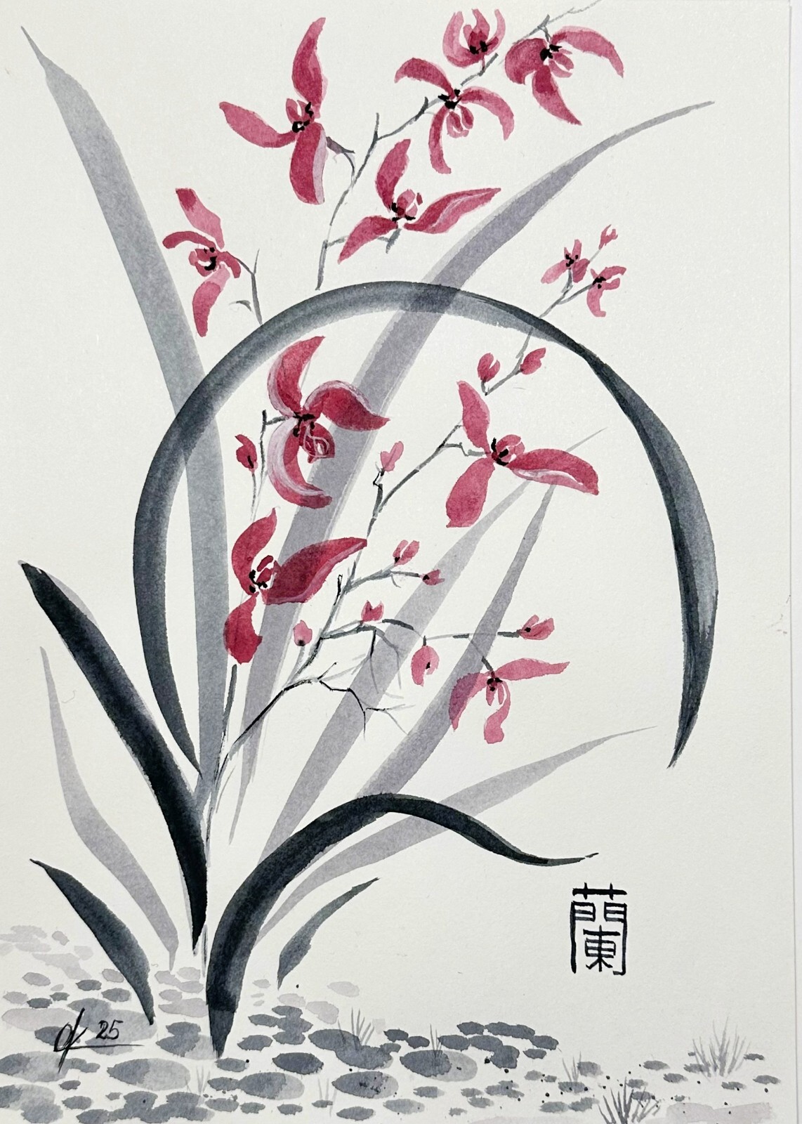Original paintings Grace of a Wild Orchid oriental japanese chinese brush sumi-e