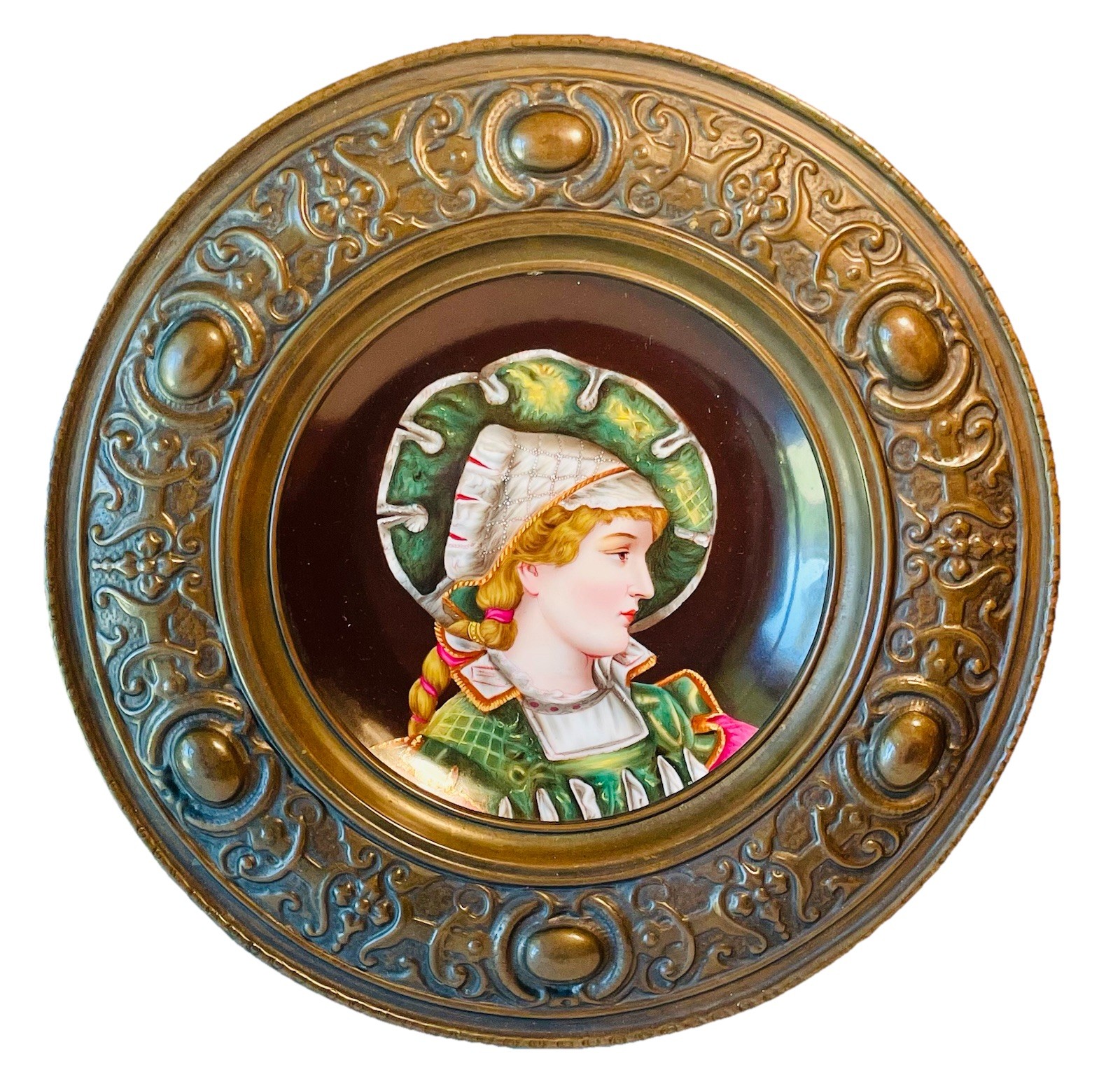 Fancy Brass Framed Wall Plate Plaque 19th Century Polychrome Portrait Painting