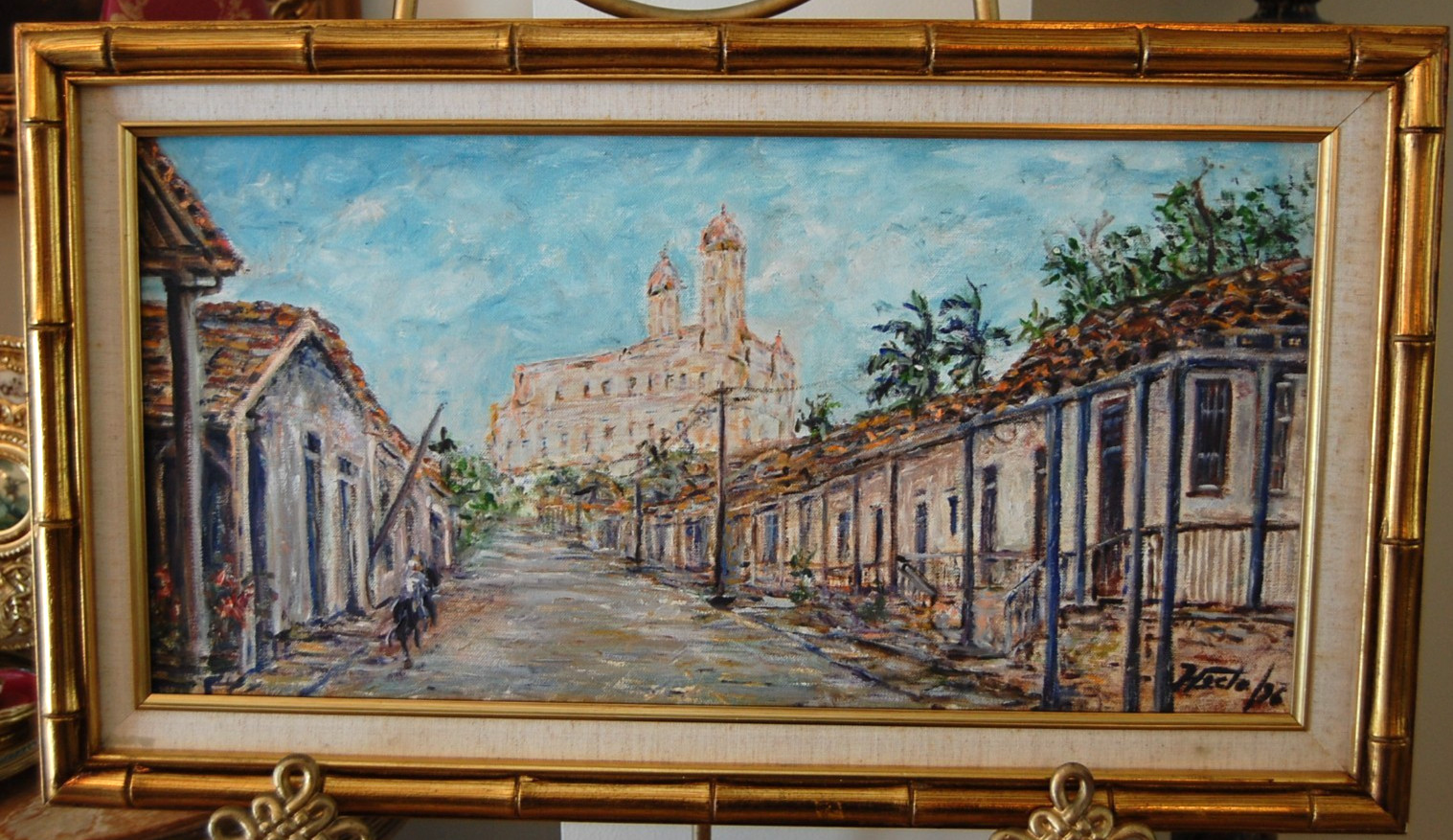 FRAMED SIG ORIGINAL OIL OLD CUBAN COLONIAL TOWN STREET SCENE ARTIST: HECTO VIDAL