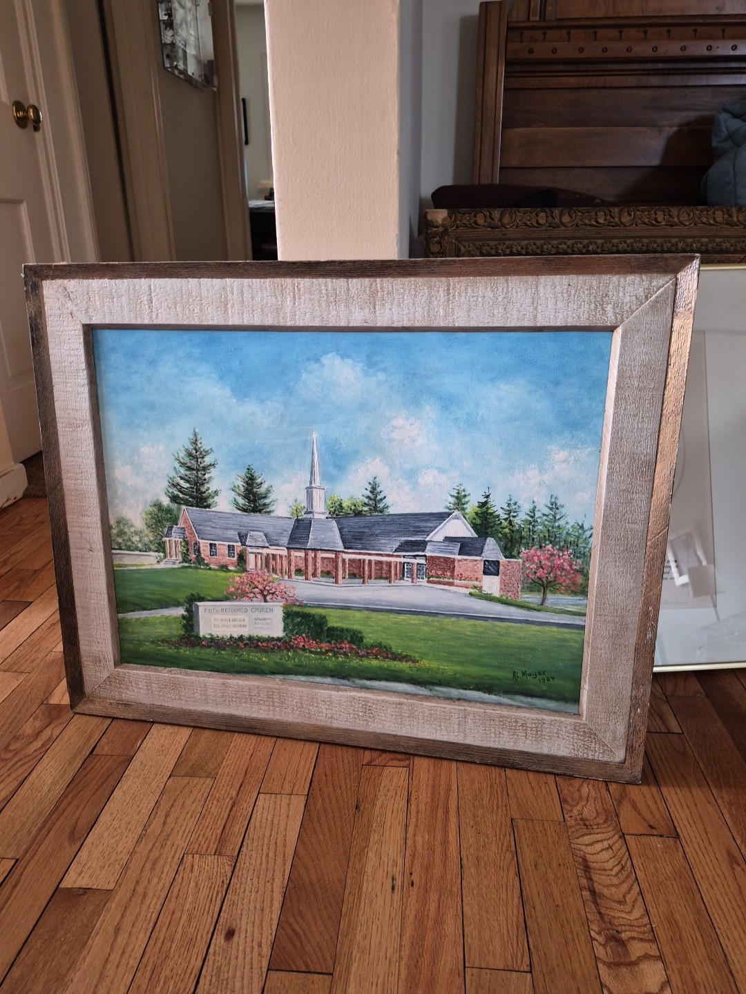 Vintage Painting Oil? Framed Large Church Landscape 29.25″×23″ Rustic Art Board