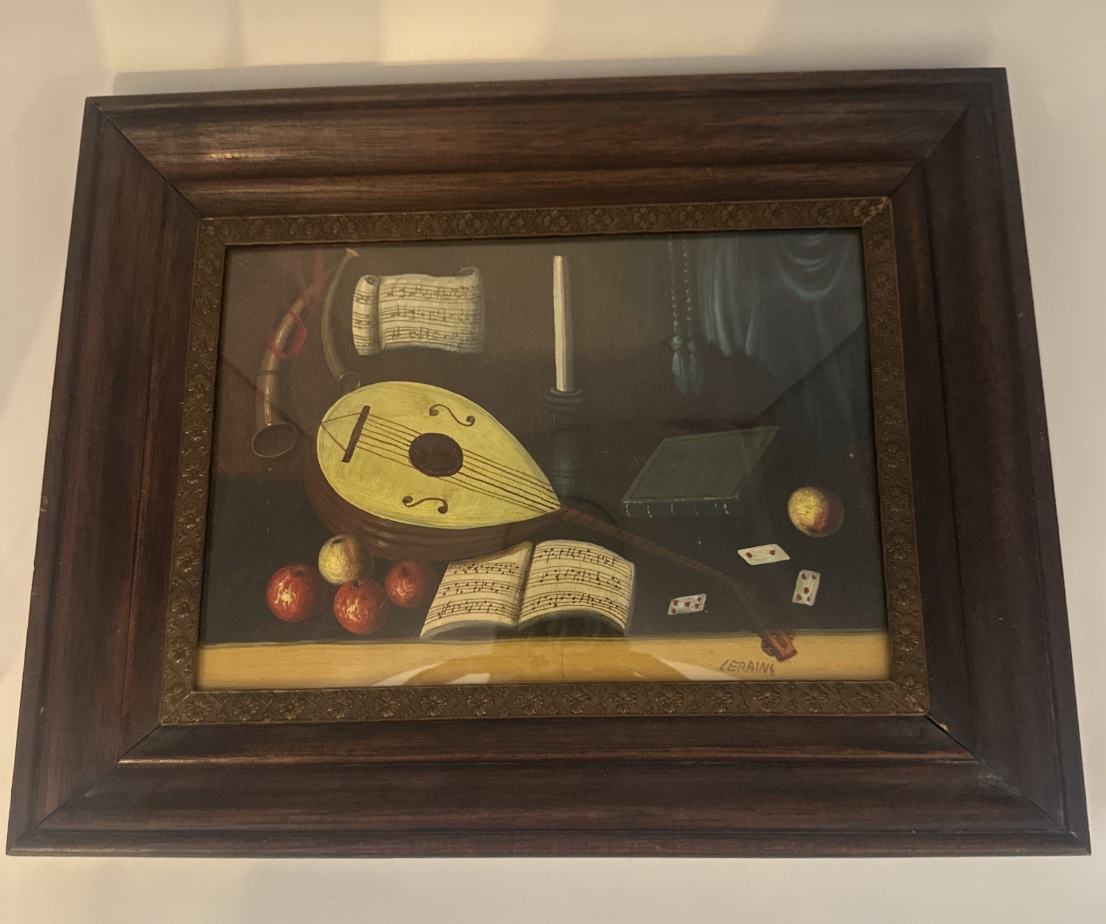 Alfredo Lerains Still Life Oil Painting Mandolin Music Horns Framed Italian Vtg