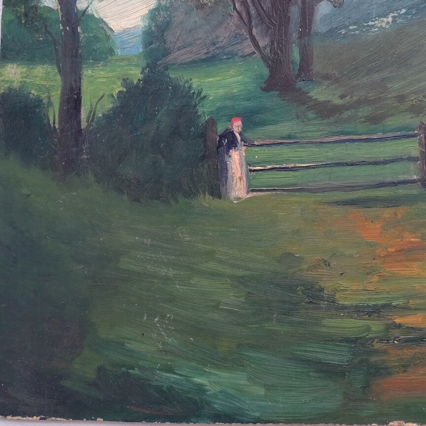 1921 Naive Folk Art Summer Landscape Oil Painting Signed R.C.Ingraham O/B 13×12