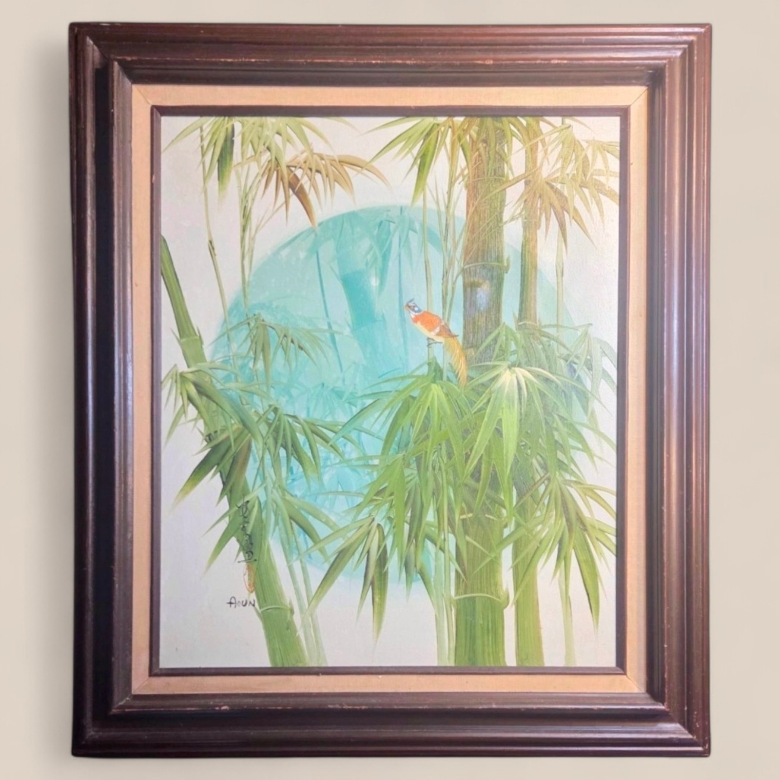 Vtg Oil Painting Framed Bamboo Forest w/ Bird Asian Style Nature Art Signed MCM