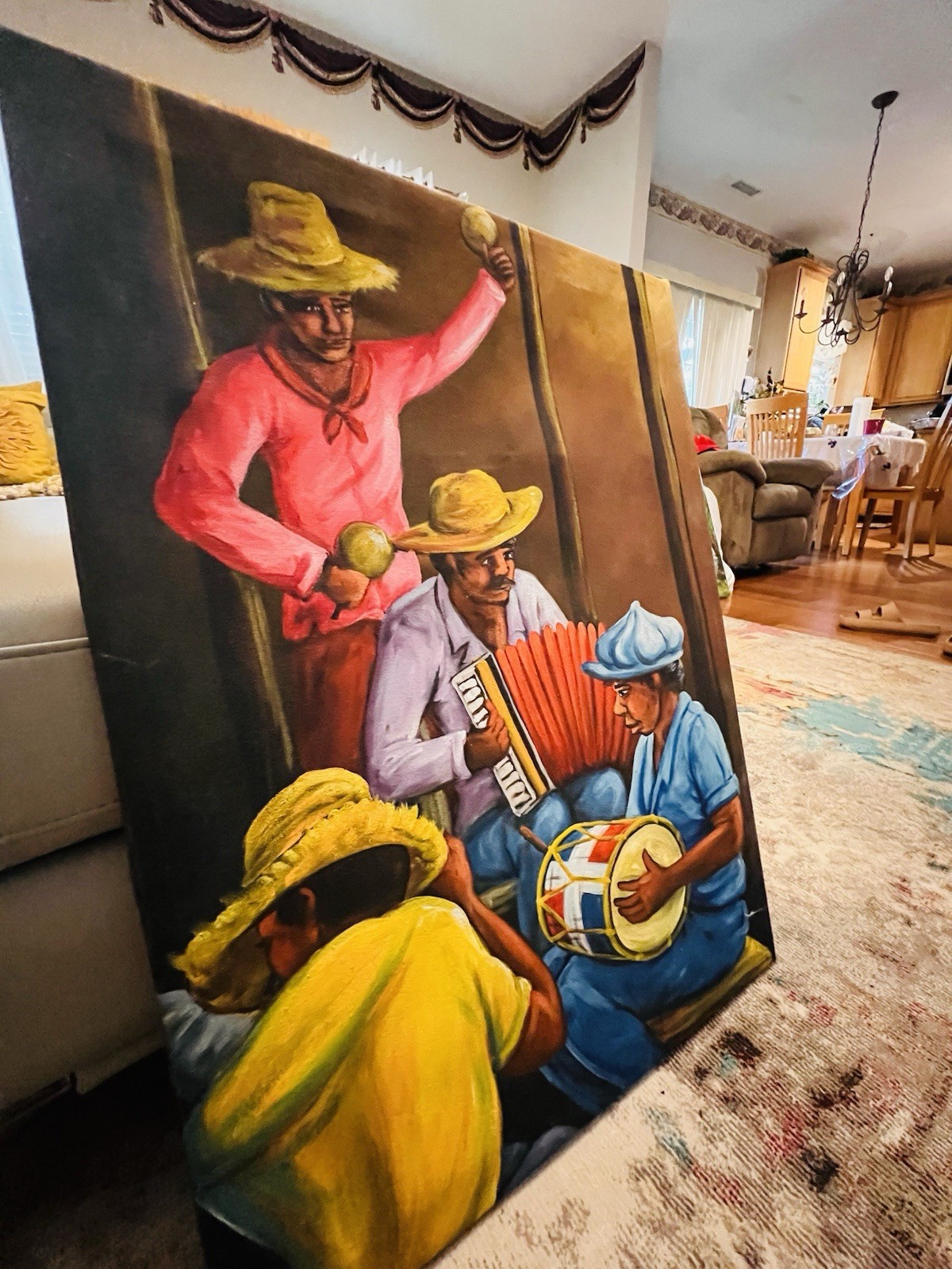 Folk Art Canvas Painting Dominican Musicians Playing. Dominican artist