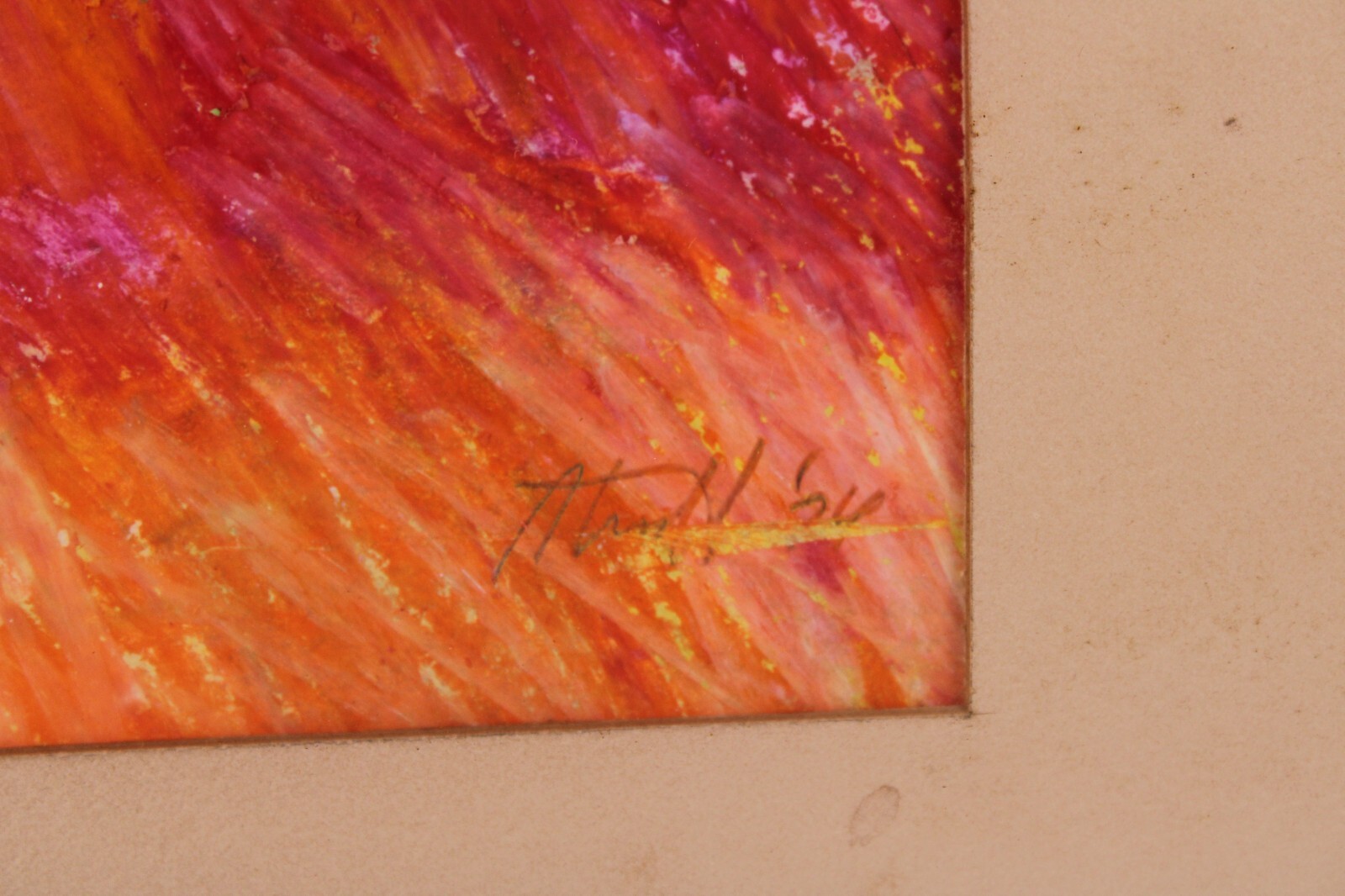 Mid Century Pink Abstract Oil Crayon Painting On Paper Signed Richard Terrell 64