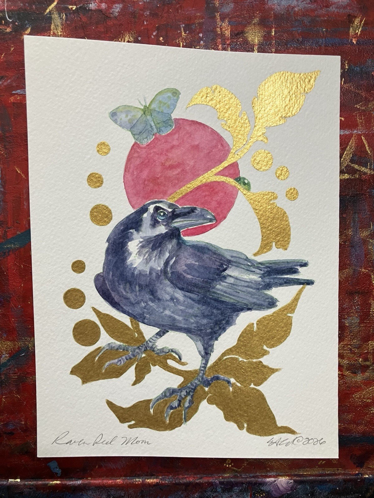 Original Raven Painting Crow Art Gold accents Watercolor Mixed Media Artwork USA
