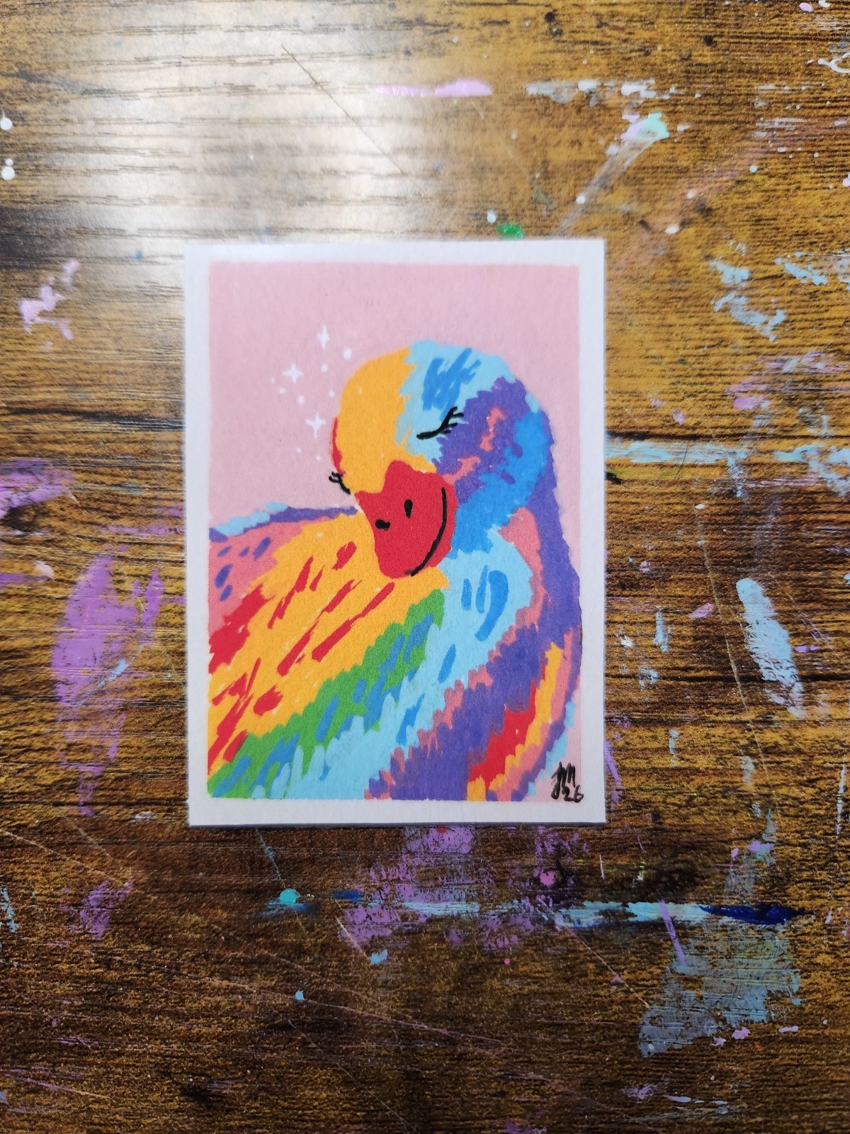 ACEO Original Rainbow Duck Acrylic Painting *Art Print. 2.5×3.5
