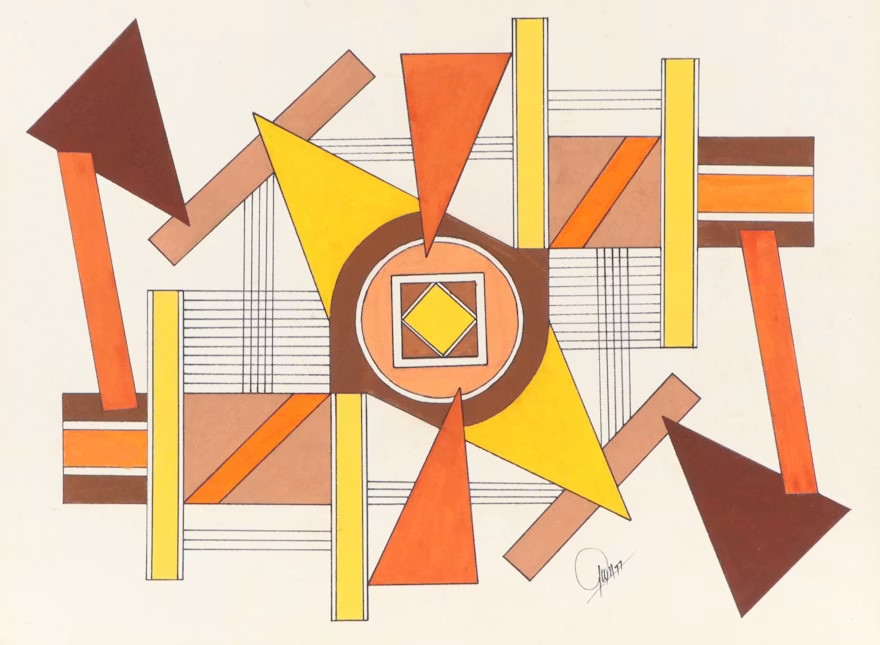 Vintage Geometric Gouache Painting, Signed, 1977 -abstract, mcm-