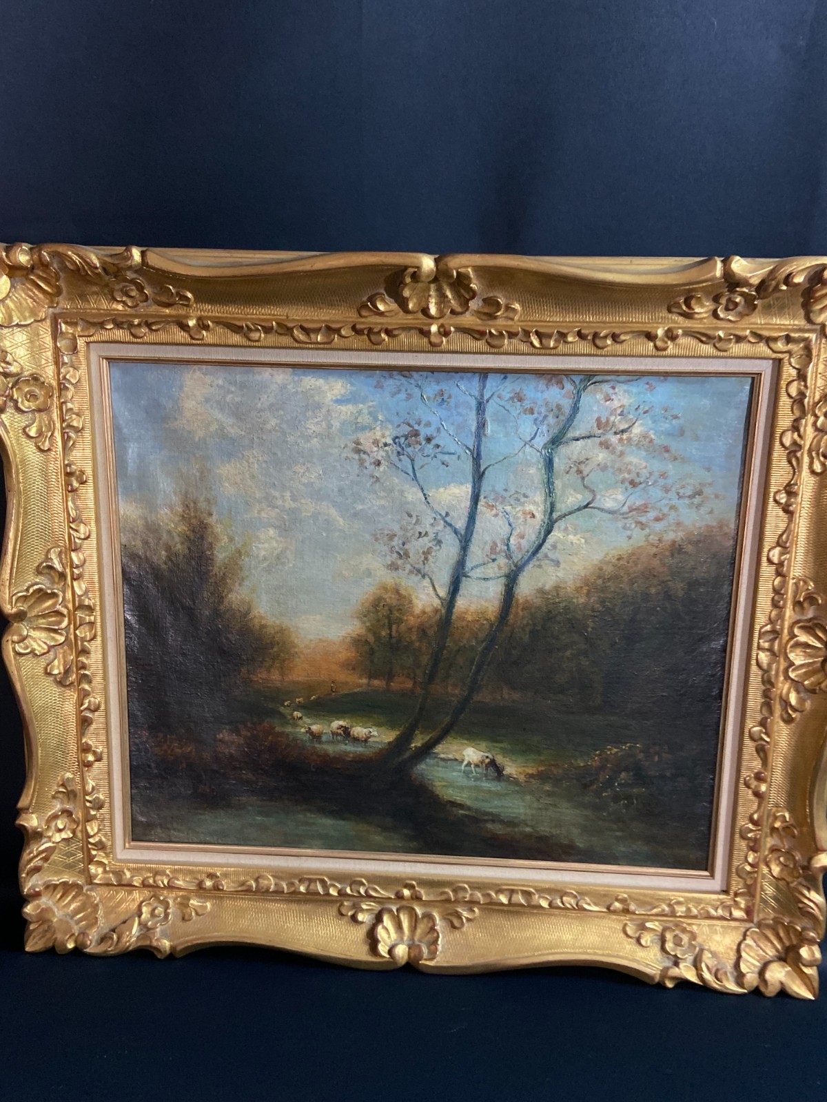 French School 19th Century Landscape Animated Shepherd & Sheep Herd Oil Painting