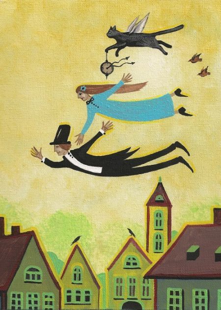 ACEO PRINT OF PAINTING RAVEN ABSTRACT FOLK ART RYTA BLACK CAT CROW HOUSES ANGEL