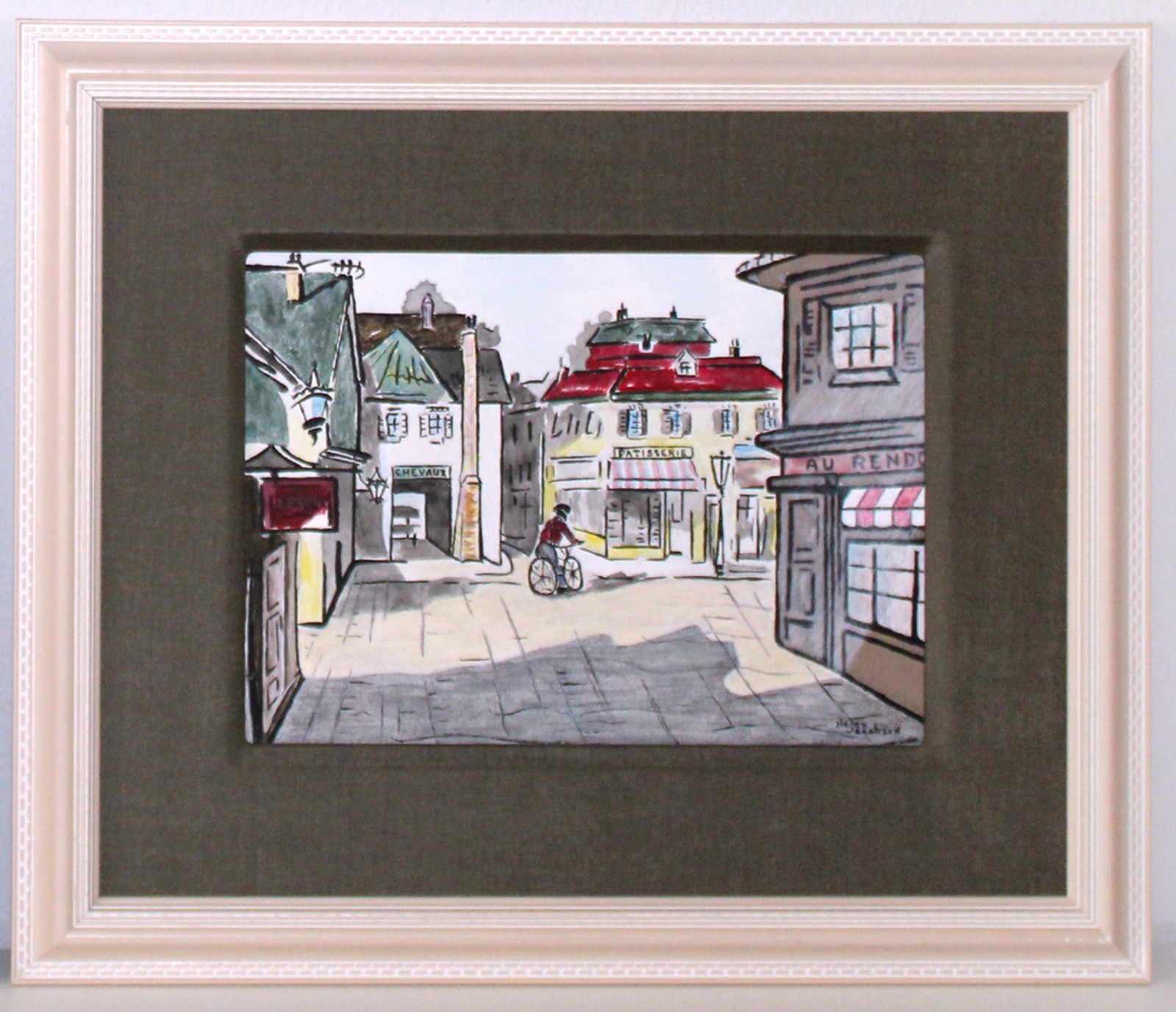 French Village Painting by Helen Jacobson Custom Frame Patisserie Man on Bicycle